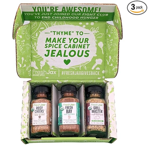 FreshJax Organic Surf & Turf Seasoning Gift Set – 3 Sampler Bottles: Fresh Bay, Maple Bourbon & Grill Master – Non-GMO, Gluten-Free, Keto – Gourmet Spice Gift Box for Meat, Seafood & Grilling