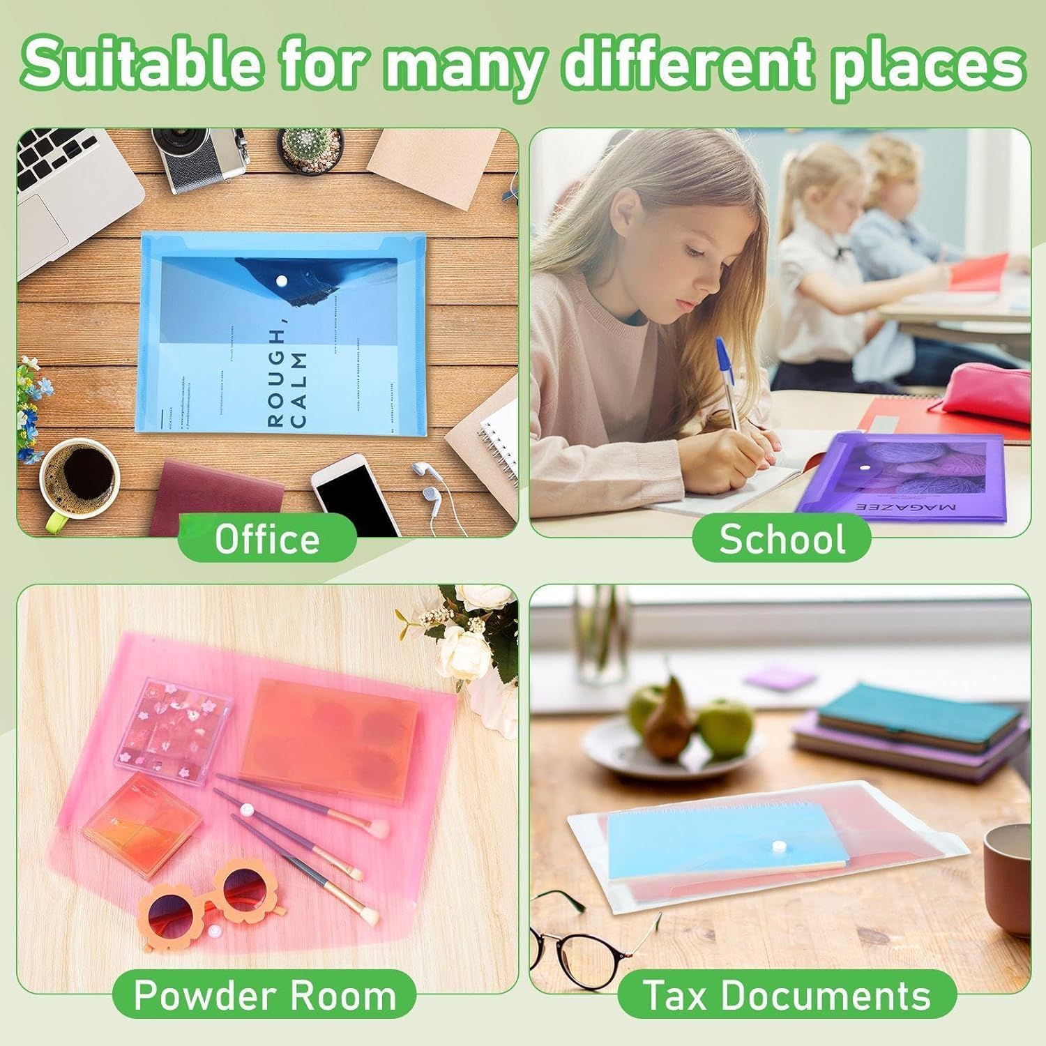 36 Piezas Carpeta Plastico A4, Carpeta Transparente Colorida, con Botón Carpeta para Documentos Plástico, Sobres Plastico para Archivador, Ideal para Oficina, Escuela y Hogar