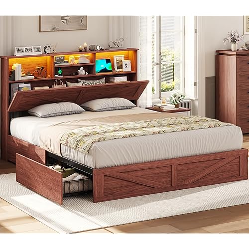 VIAGDO Farmhouse Bed Frame Queen Size with Bookcase Storage Headboard, Charging Station and LED Lights, Wooden Queen Bed Frame with 4 Drawers, Barn Door Design, No Box Spring Needed, Reddish Brown