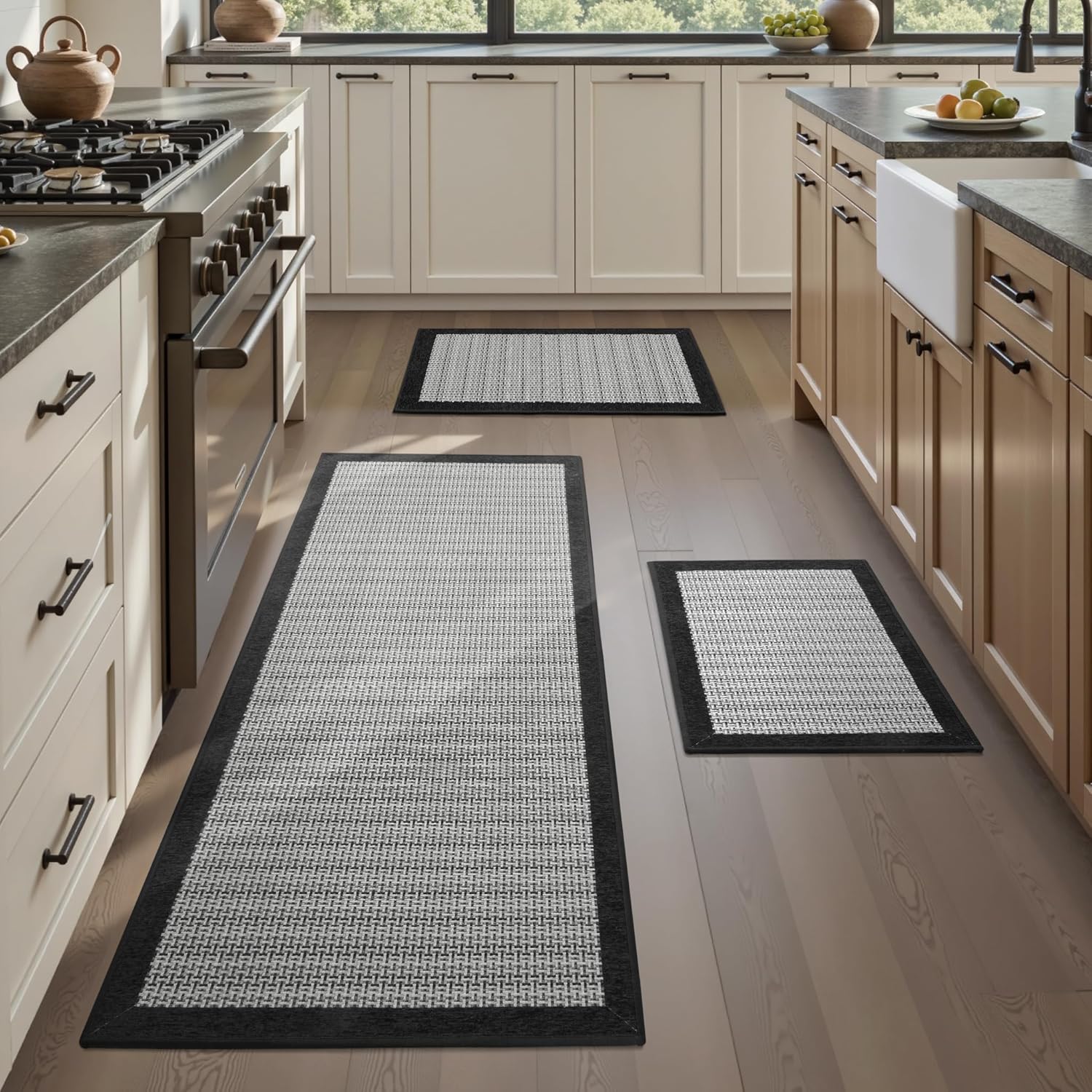 PADOOR Non Slip Kitchen Rugs Sets of 3 - Extra Large 2.5'x6' + 20"x32" + 20"x32" Runner Rugs for Kitchen Floor Non Skid Washable, Absorbent Kitchen Mat for in Front of Sink 3 Piece Black