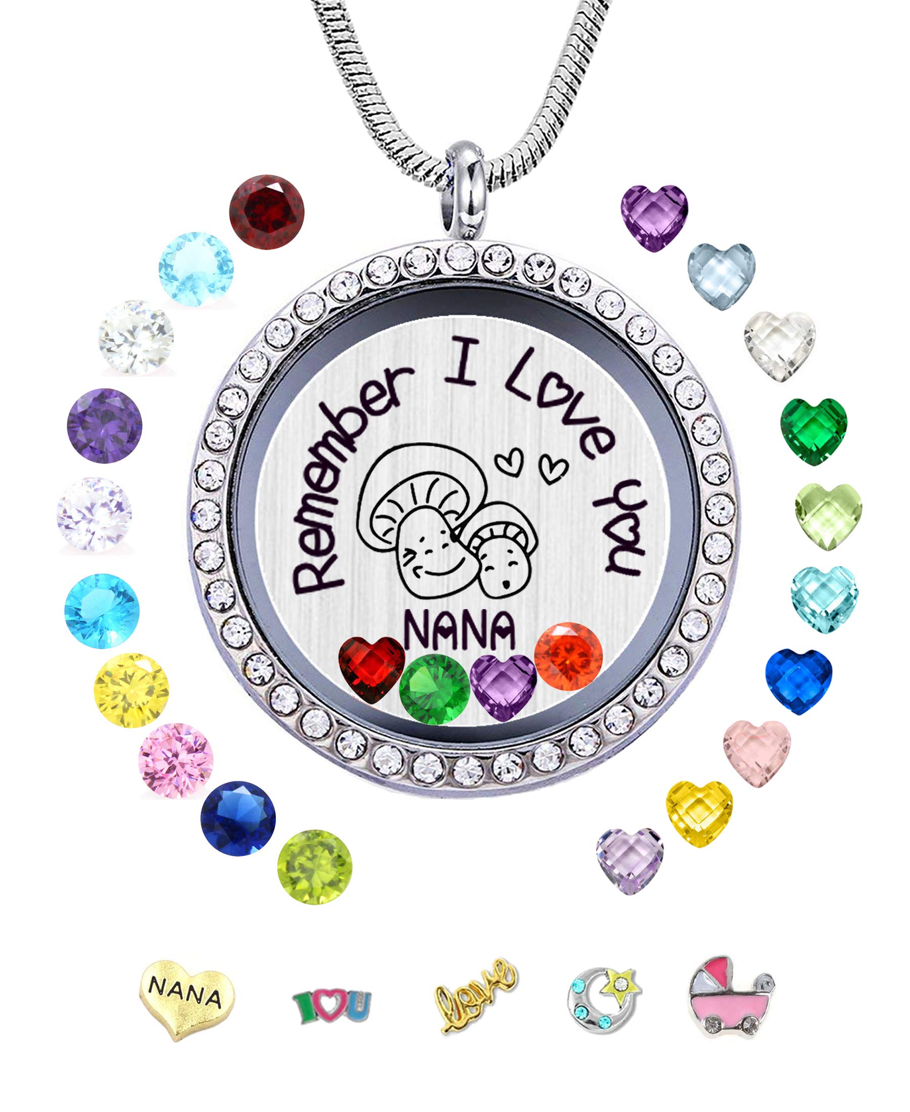30mm Stainless Steel Living Memory Floating Locket Necklace Pendant with Charms and 24 Birthstones, Best Gifts for Women