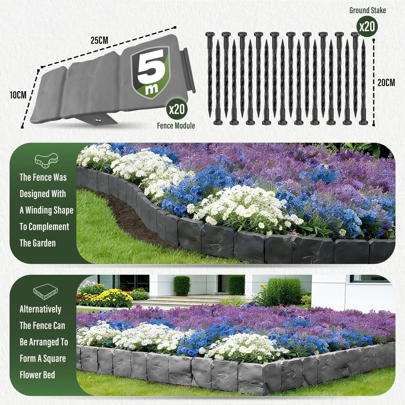Bordillo para Parterre de Flores 20 Piezas Resistentes al Agua con estacas