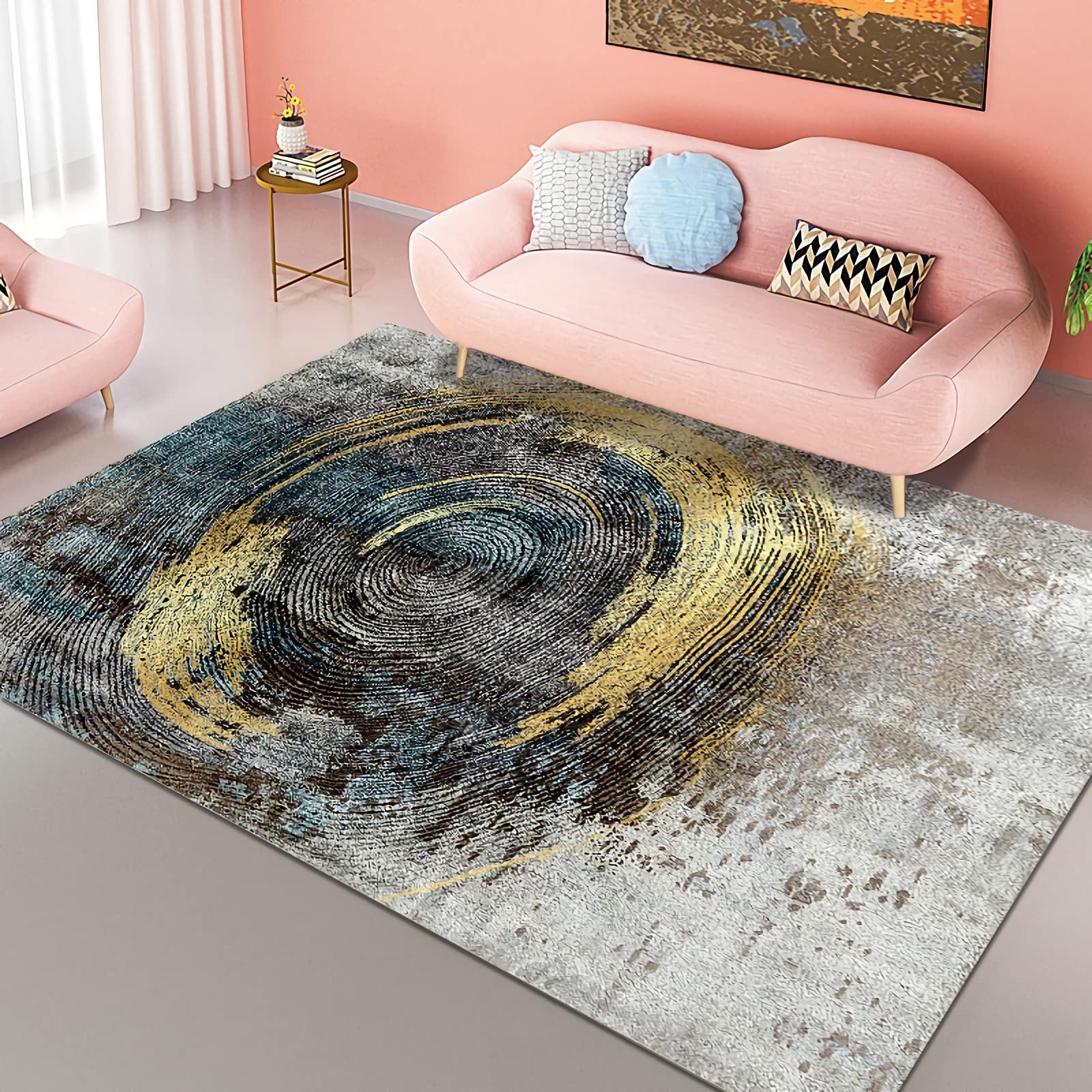 Tapis Deco Chambre ado Tapis Chambre ado Fille Motif De Cercle Géométrique Abstrait Bleu Jaune Gris Tapis Doux Salon 60x120cm