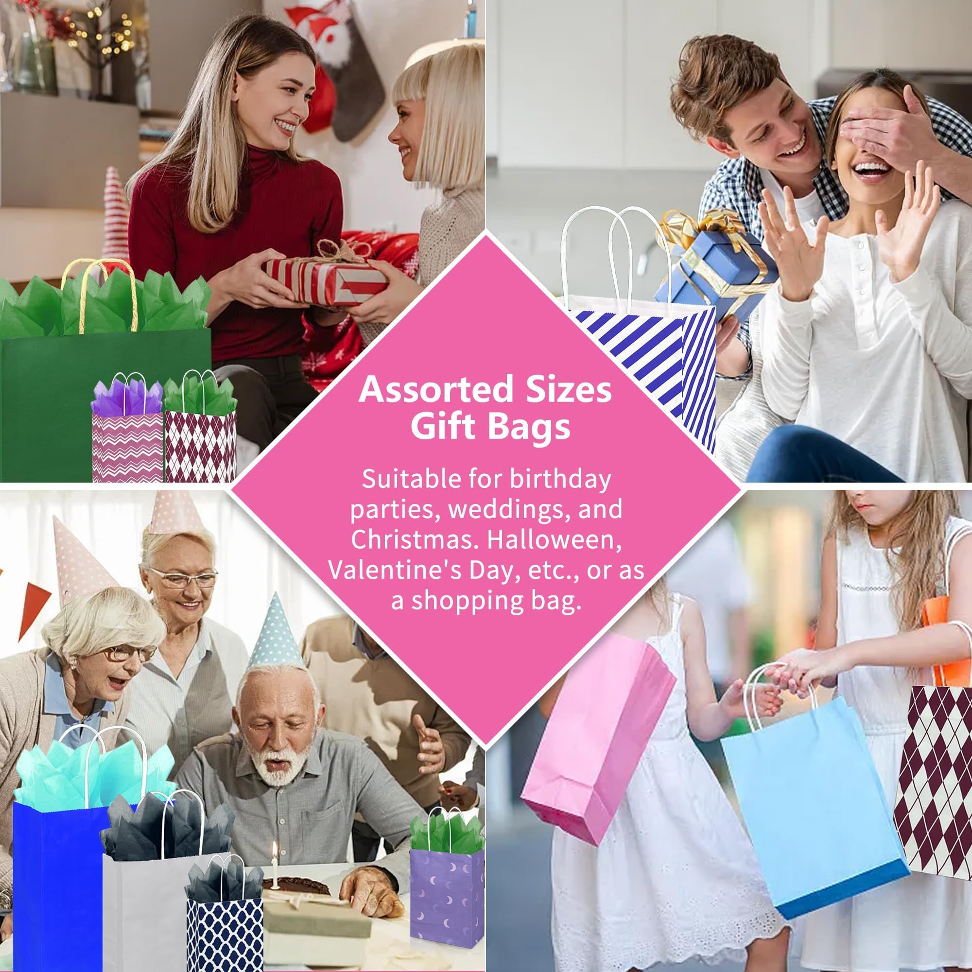 KEEPARTY Lot de 70 sacs cadeaux de tailles assorties avec poignées, comprend 35 sacs cadeaux, 5 tailles, plusieurs couleurs, 35 papiers de soie, 7 couleurs en vrac, parfaits pour les fêtes, les