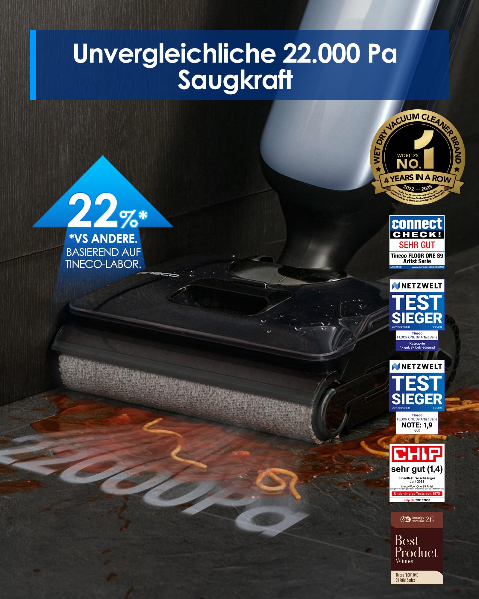 Tineco Floor One S9 Artist Nass Trockensauger, 22000Pa, 360° SmoothDrive, Anti-Tangle, 85°C Flashdry, 50Min Laufzeit