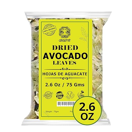 Akshit -Hojas de aguacate secas, 2.6oz (75gr) Hojas De Aguacate Seca, Té de Hojas, Sin Aditivos, Sin OGM. Paquete de 1