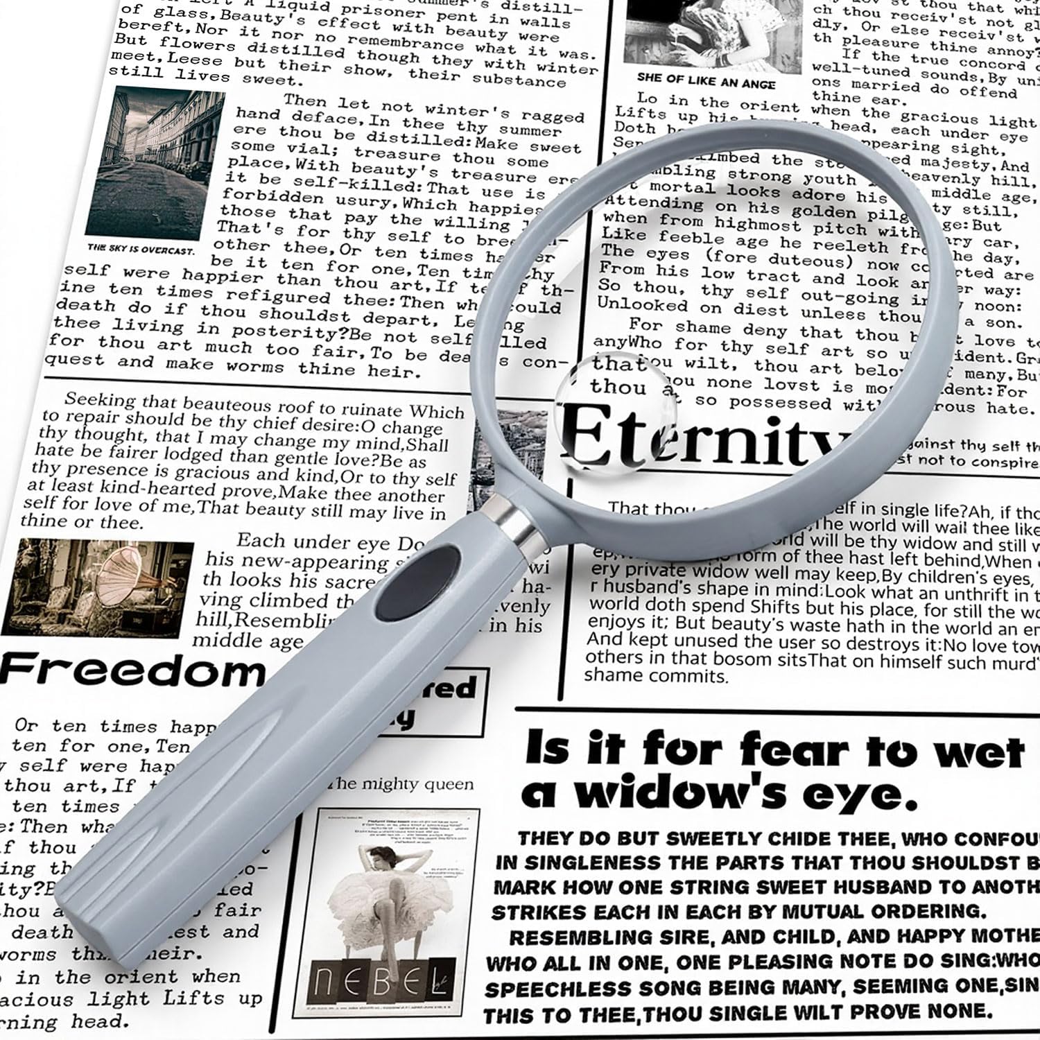 Feosky Handheld Reading Magnifier, 10X Magnifier, 75mm Shatterproof Lens, Non-Slip Handle for Adults Close Work, Seniors Reading and Nature Exploration, Hobby Observation(Grey) image 5
