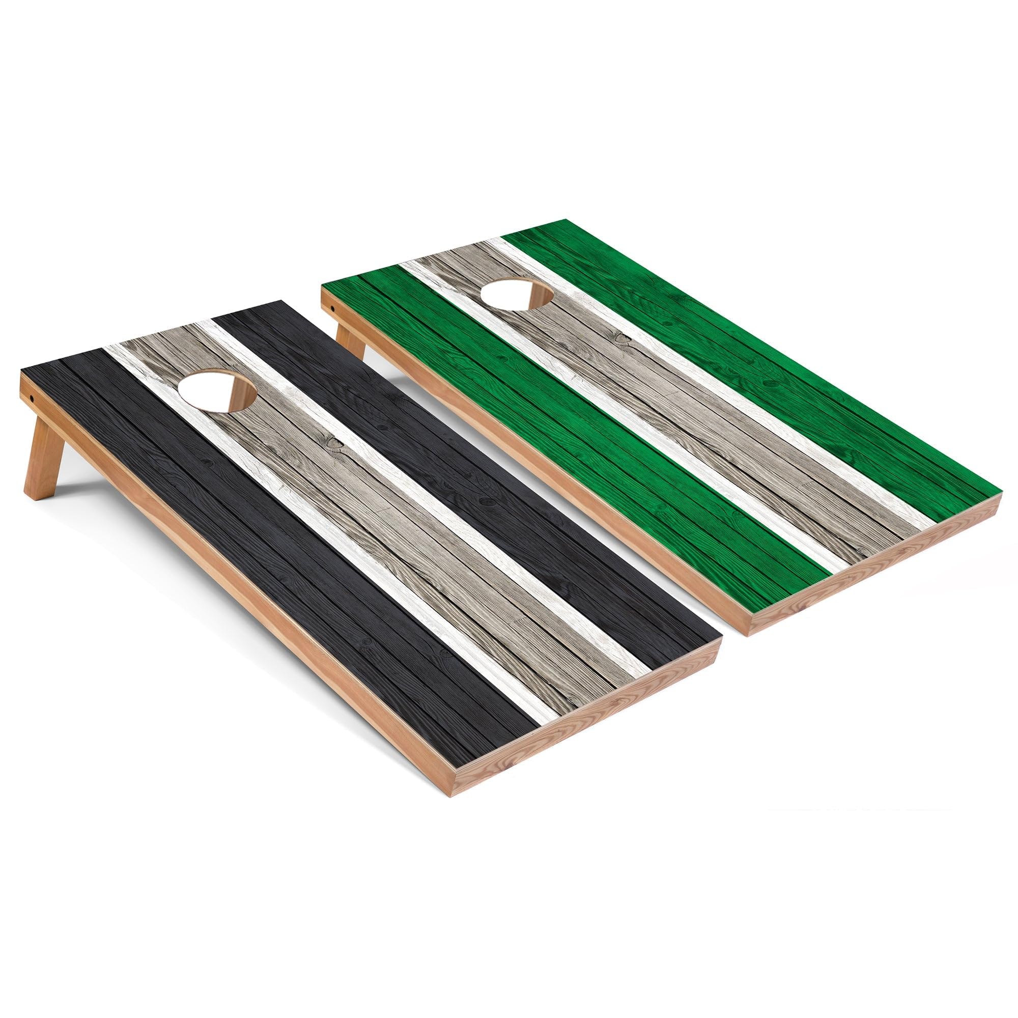 Skip's Garage Dark Grey and Kelly Striped All-Weather Cornhole Boards - PVC - Include CASE + Edge Lights