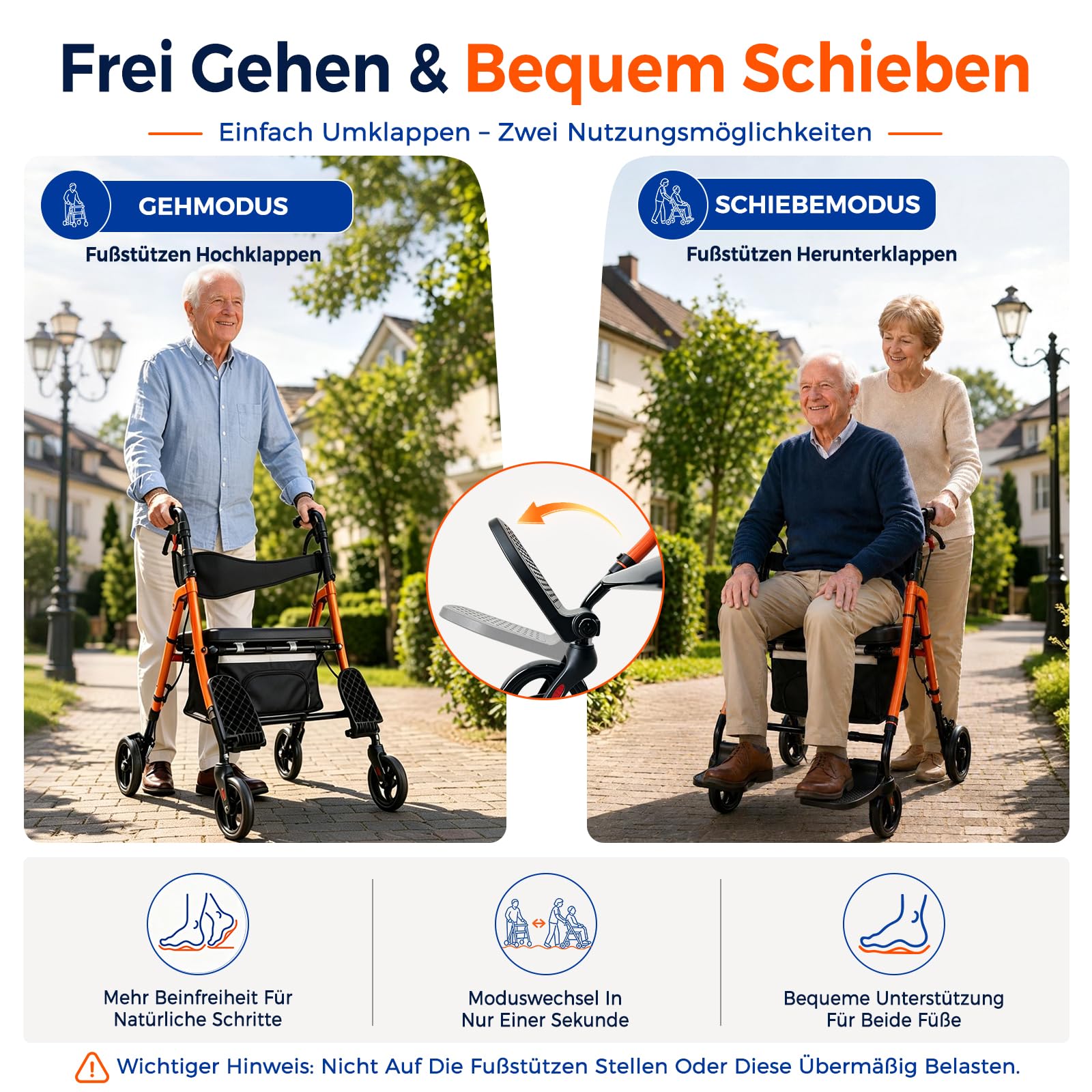 2 in 1 Rollstuhl Rollator Faltbar mit Sitz und Fußstützen, Schmal