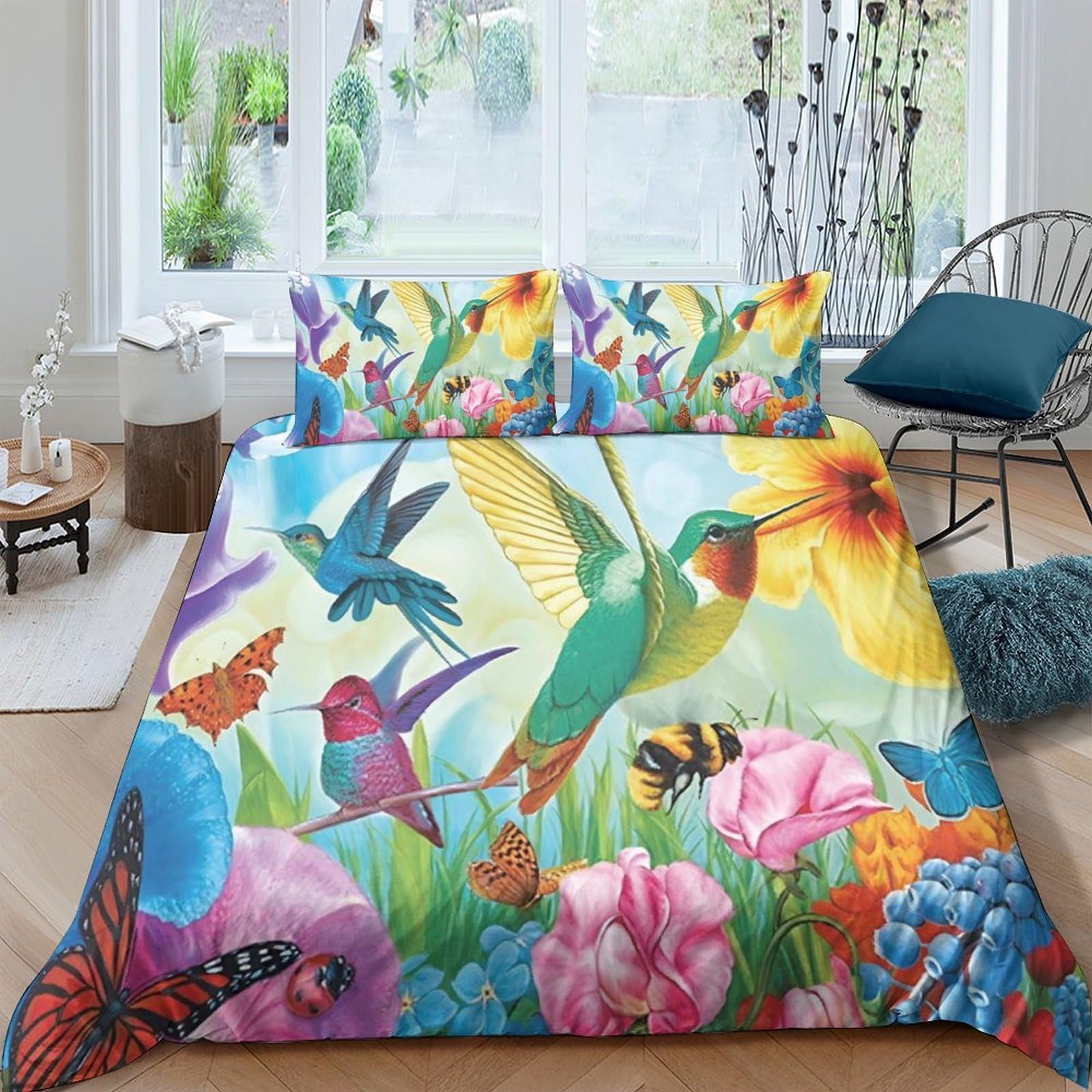 Ctjqhvkz Style-1 3D Printed Hummingbird Floral Fitted Sheet Microfiber Colourful Butterfly Bed Cover For Bedroom Decor Protection Single（135X200cm）