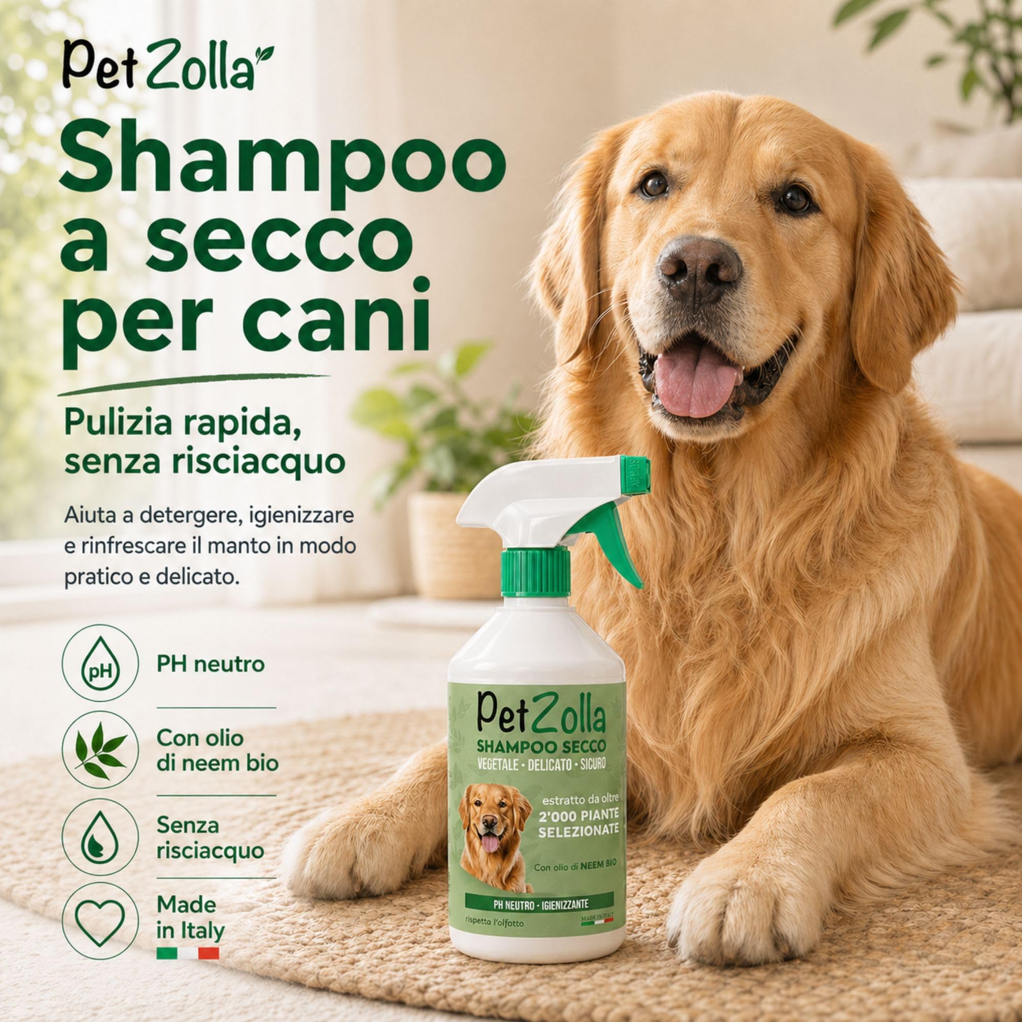 Shampoo secco per cani senza risciacquo 750 ml Idrata e igienizza, Shampoo a secco per cani naturale con olio di neem, argan e timo, sicuro anche per cuccioli - Made in Italy