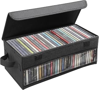 Dntorx CD Storage Box, CD Case Holder with Handles, 14.17×6.3×5.51in Lid and Clear Window Stackable CD Organizer Box Holds Up to 32 CDs in full jewel cases(Black)