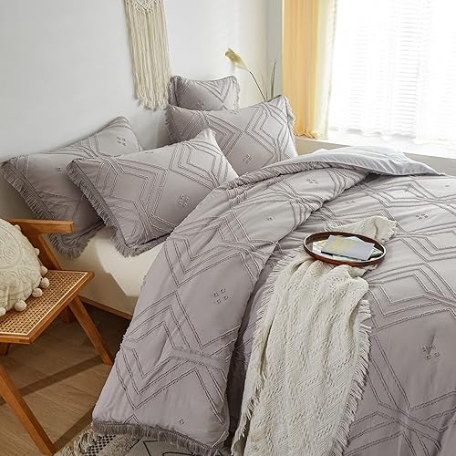 Miniatura 3 de OARAGE Juego de edredón bohemio copetudo gris claro, 2 piezas con borlas geométricas bordadas con flecos y borlas y bordados, estilo shabby chic,