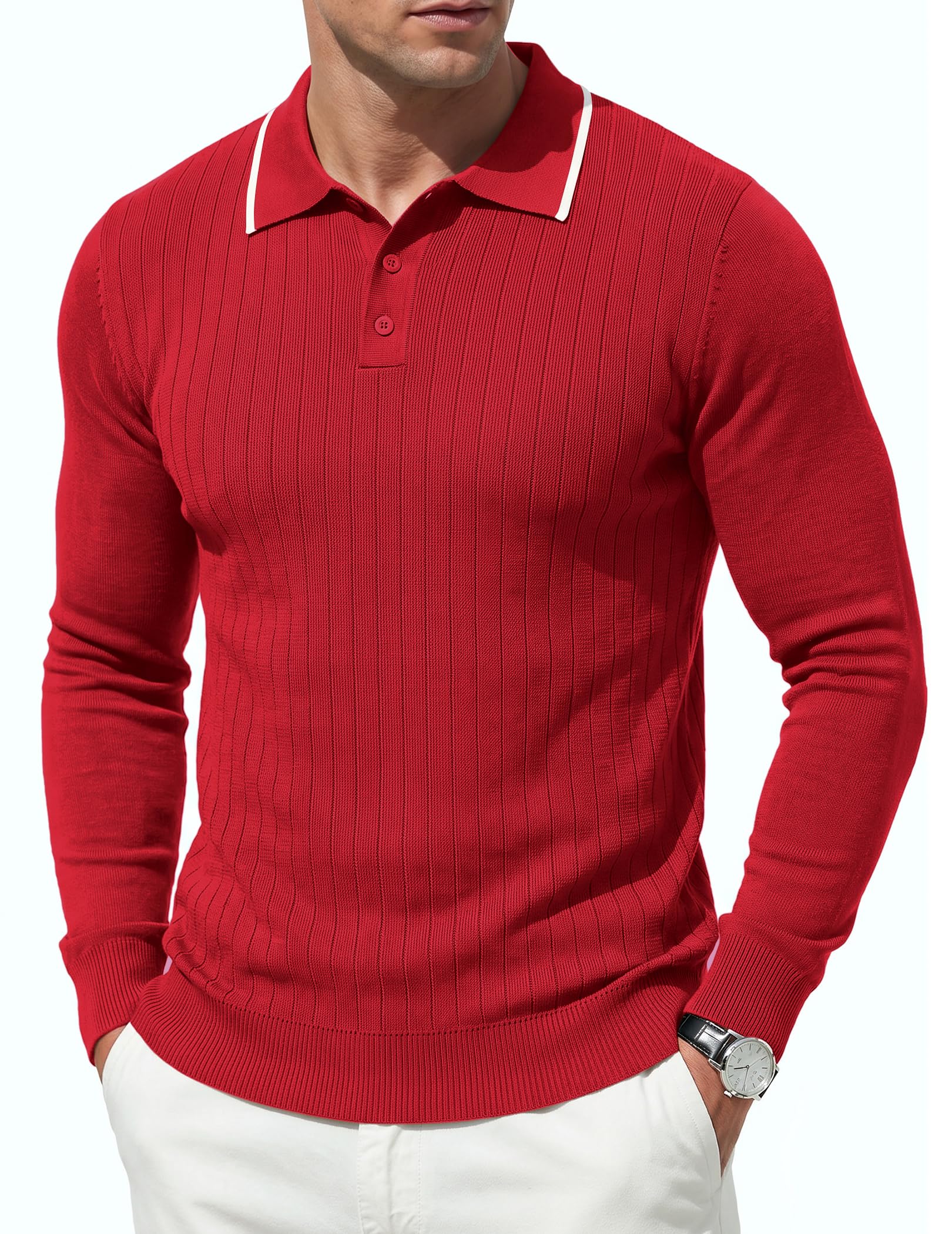 Men Knit Polo Sweater Long Sleeve Polo Shirts Casual Golf Pullover