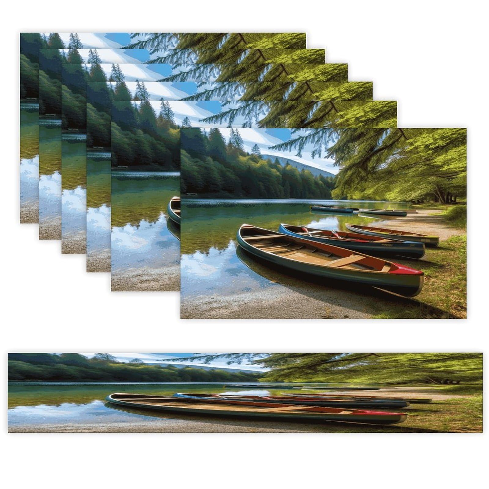 Lake with Boats Canoes Park Table Runner and Placemats Set of 6 for Kitchen Washable Table Mats Heat Resistant Place Mats Non-Slip Place Mat Wipeable Placemat(6 Placemats+1 Table Runner)