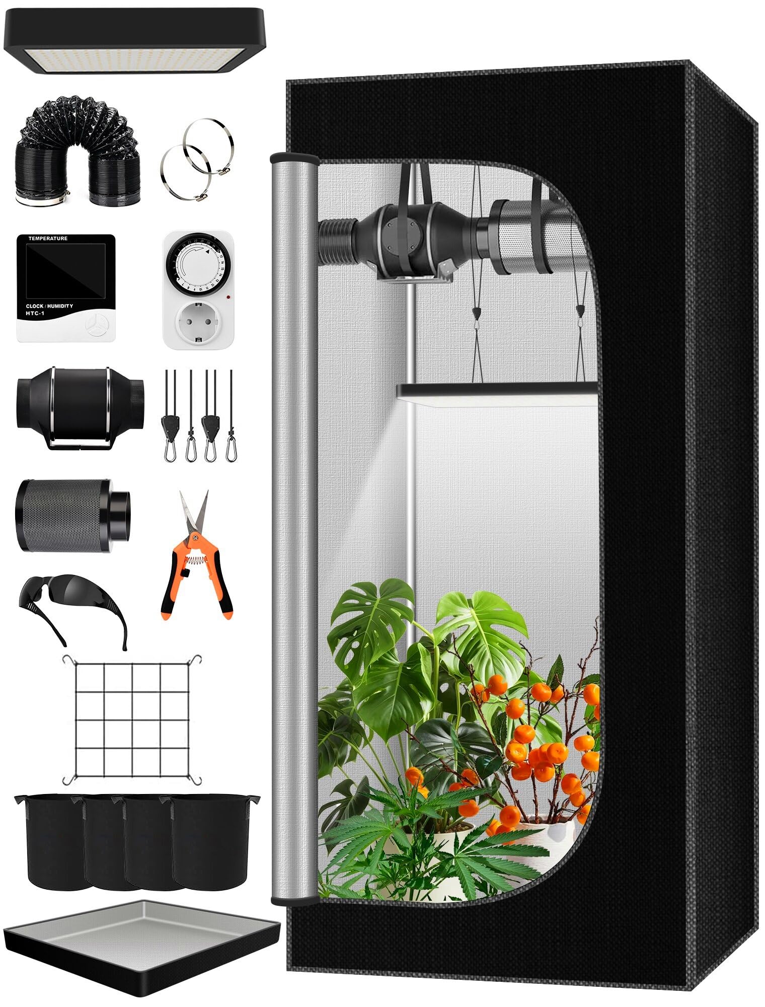 Set Completo de Tienda de Cultivo, Caja de Cultivo de 90 x 90 x 180 cm, Sistema de Tienda de Cultivo con luz LED de Crecimiento de 100 W, Ventilador automático de 4 Pulgadas y Filtro de carbón