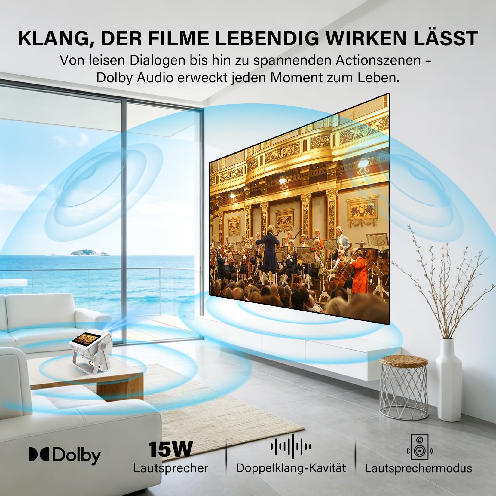 Proiettore Smart Compatibile 4K, Videoproiettore Full HD 1080P con Touchscreen, Doppio Display, 1200 ANSI, Autofocus, WiFi 6 Bluetooth, 1000+ App, Audio 25W per Home Cinema Camera da Letto Campeggio