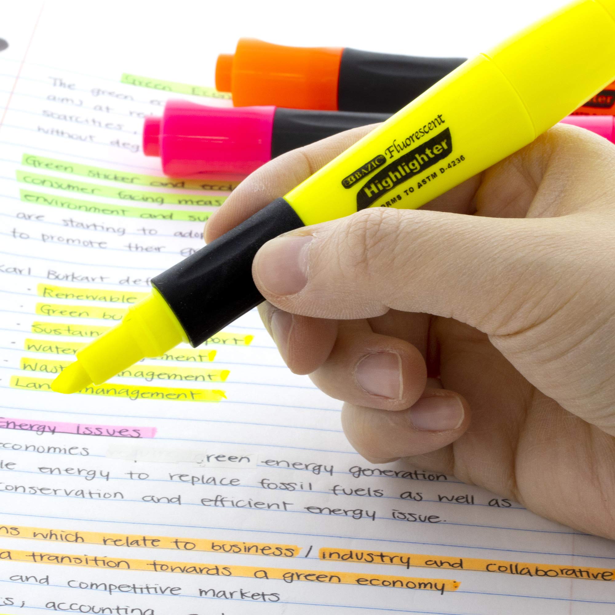 Bazic Jaune Desk Style fluorescent surligneurs W/coussin Grip (3/Lot)