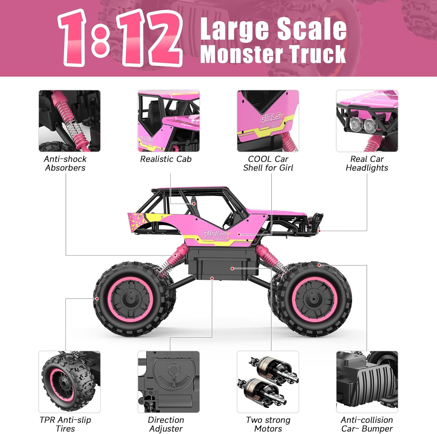 DOUBLE E 1:12 RC Monster Truck - 4WD Off-Road Remote Control Car with Dual Motors and Headlights