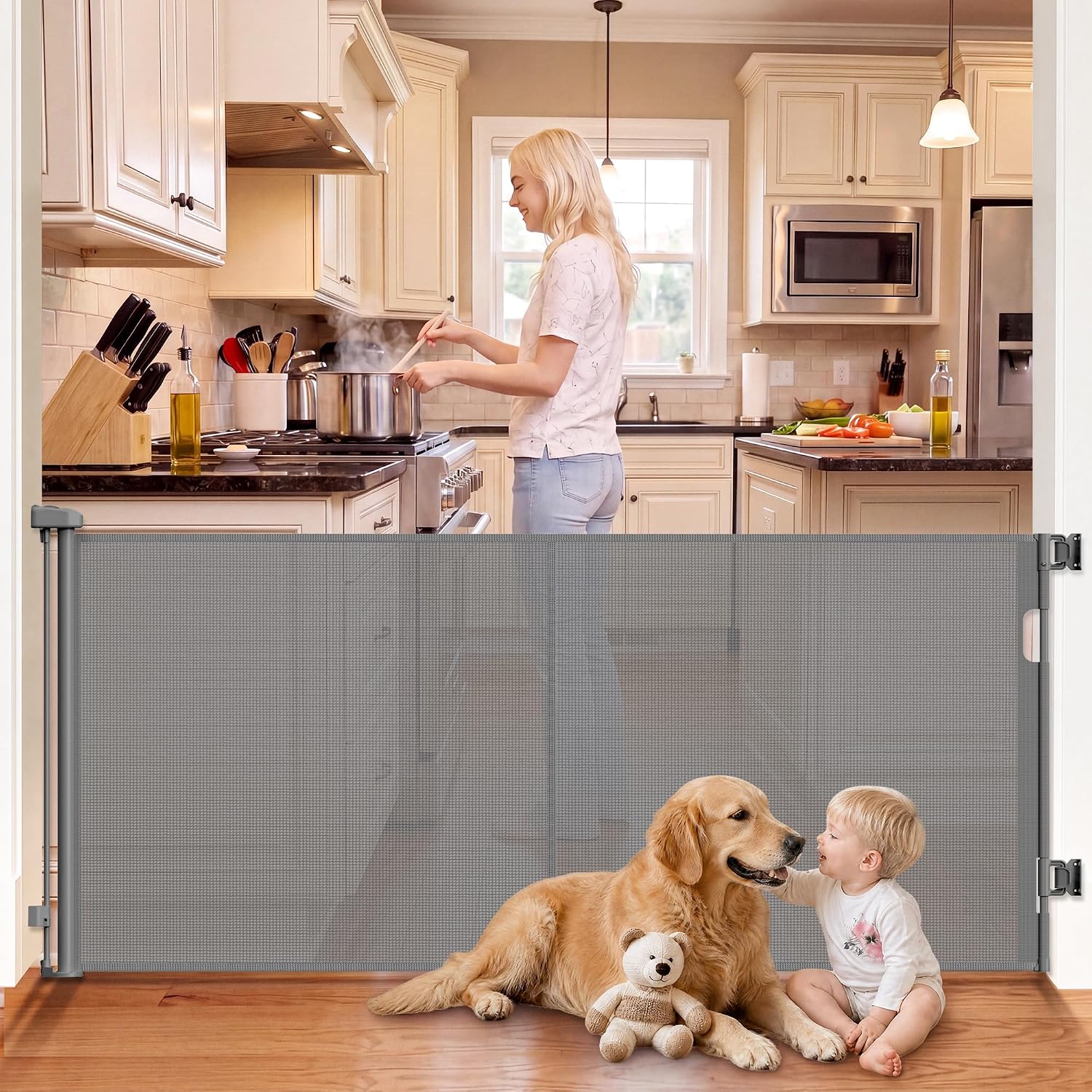 Reinforced Retractable Pet Gate 70” Wide Retractable Baby Gate | with Support Rods to Prevent Bottom Escape, 33” Tall Child Safety Gates for Stairs, Doorways, Hallways, Decks, Indoor/Outdoor