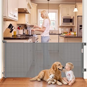 Reinforced Retractable Pet Gate 70 Wide Retractable Baby Gate | with Support Rods to Prevent Bottom Escape, 33 Tall Child Safety Gates for Stairs, Doorways, Hallways, Decks, Indoor/Outdoor