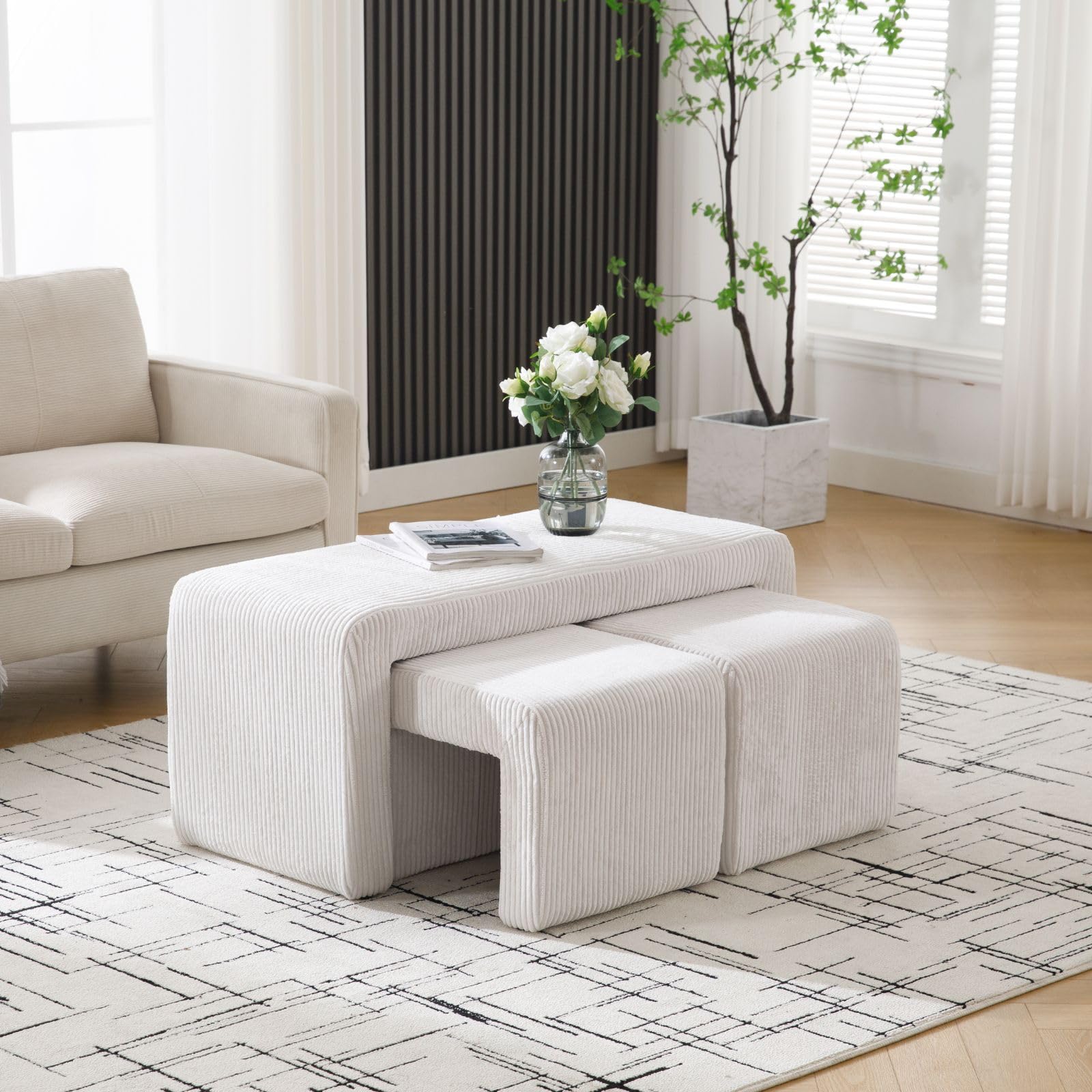 Wahson Banco de Entrada Moderno Banco de Recibidor Interior,Banco Otomano de Cama Elegante Banco Corderoy con 2 Reposapies para Salón/Dormitorio,Blanco