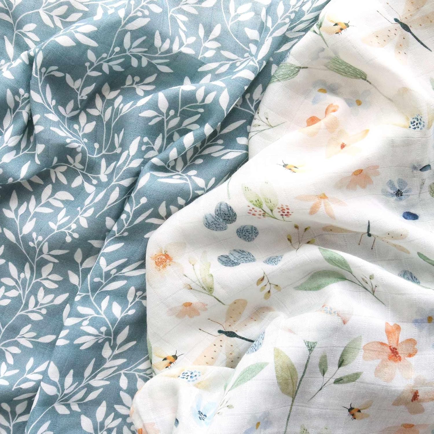 LifeTree Baby Swaddle Blankets, Boys Girls Muslin Swaddling Wrap Receiving Blanket for Newborn, 70% Viscose from Bamboo and 30% Cotton, Large 47" x 47", Blue Floral and Leaf