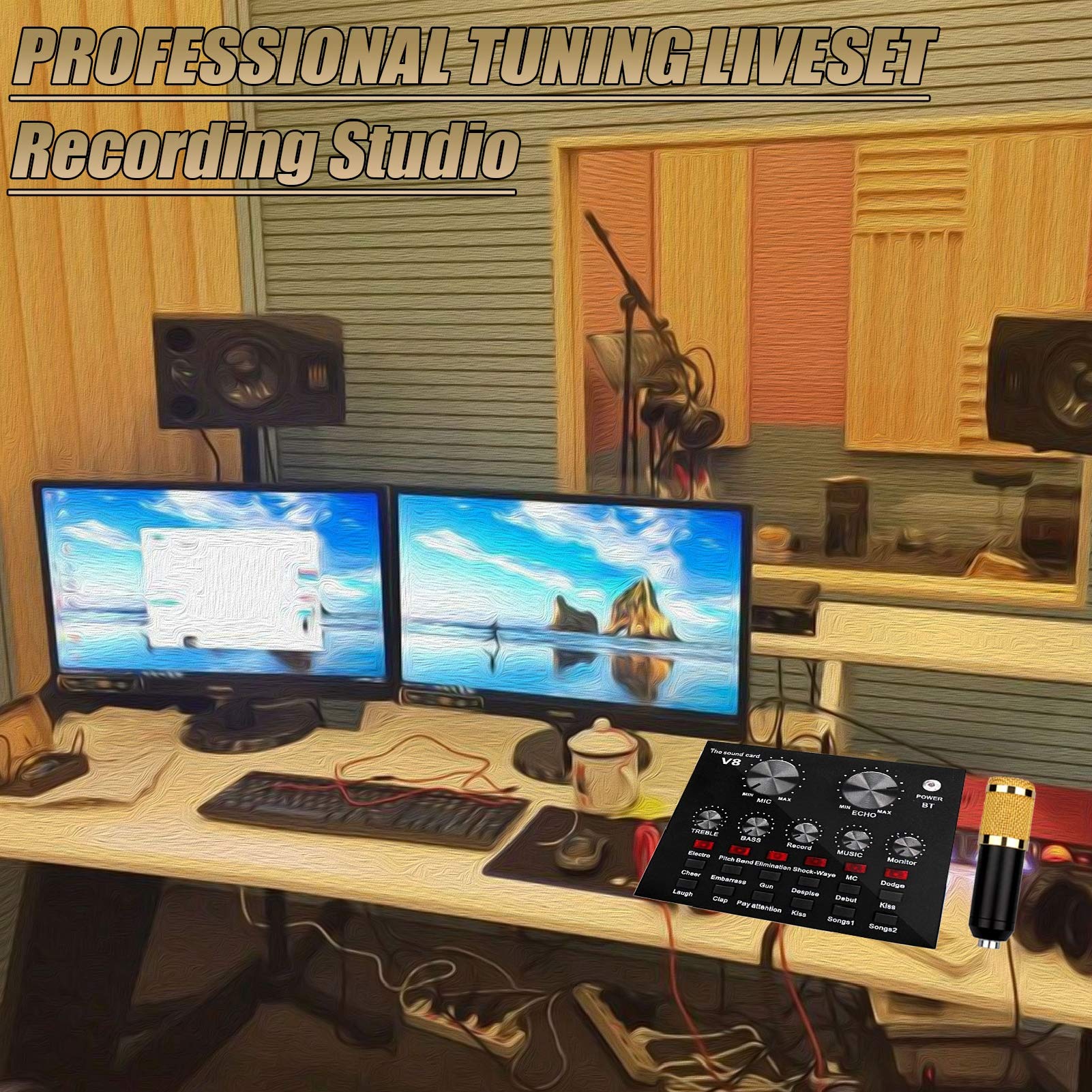 Carte Son multifonctionnelle en Direct, Ensemble de Microphones pour Carte Son, Ensemble de Microphones en métal de Diffusion, Support réglable, 12 Effets sonores de Fond