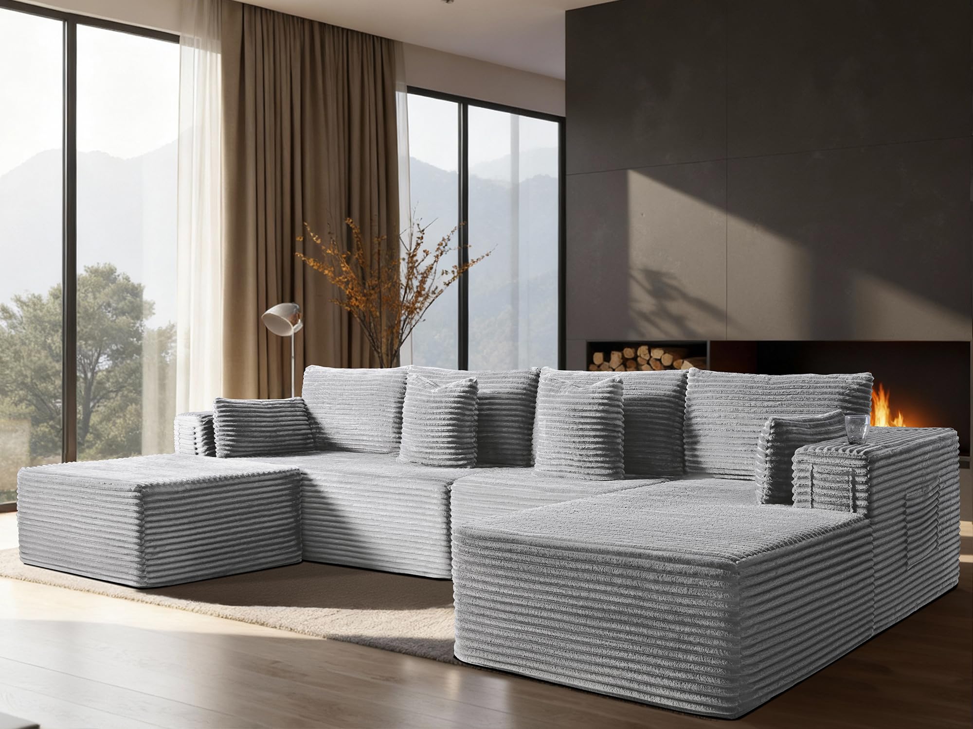 138" Oversized Cloud Sectional Couch, Comfort U Shaped Boneless Couch for Living Room, Extra Deep Seats No Assembly, Modular Sofa, Corduroy (Light Grey, 3 Seater+Right Facing Chaise+Ottoman)