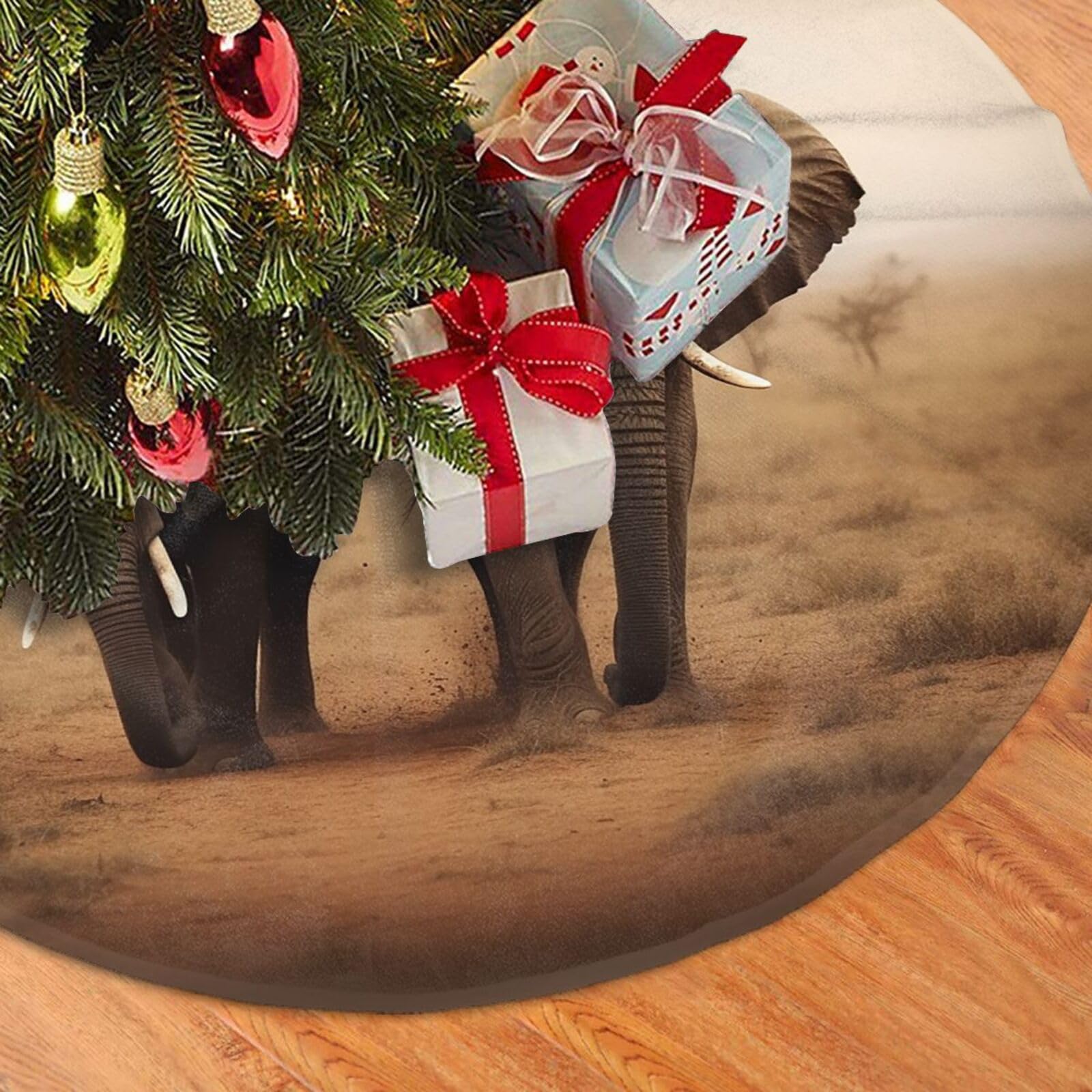 Fodpand Black Wild Animals Elephants Christmas Tree Skirt 48" Velvet Xmas Tree Skirt Mat Rustic Christmas Tree Mat Cover Winter Xmas Tree Collar For Indoor Outdoor Christmas Decorations