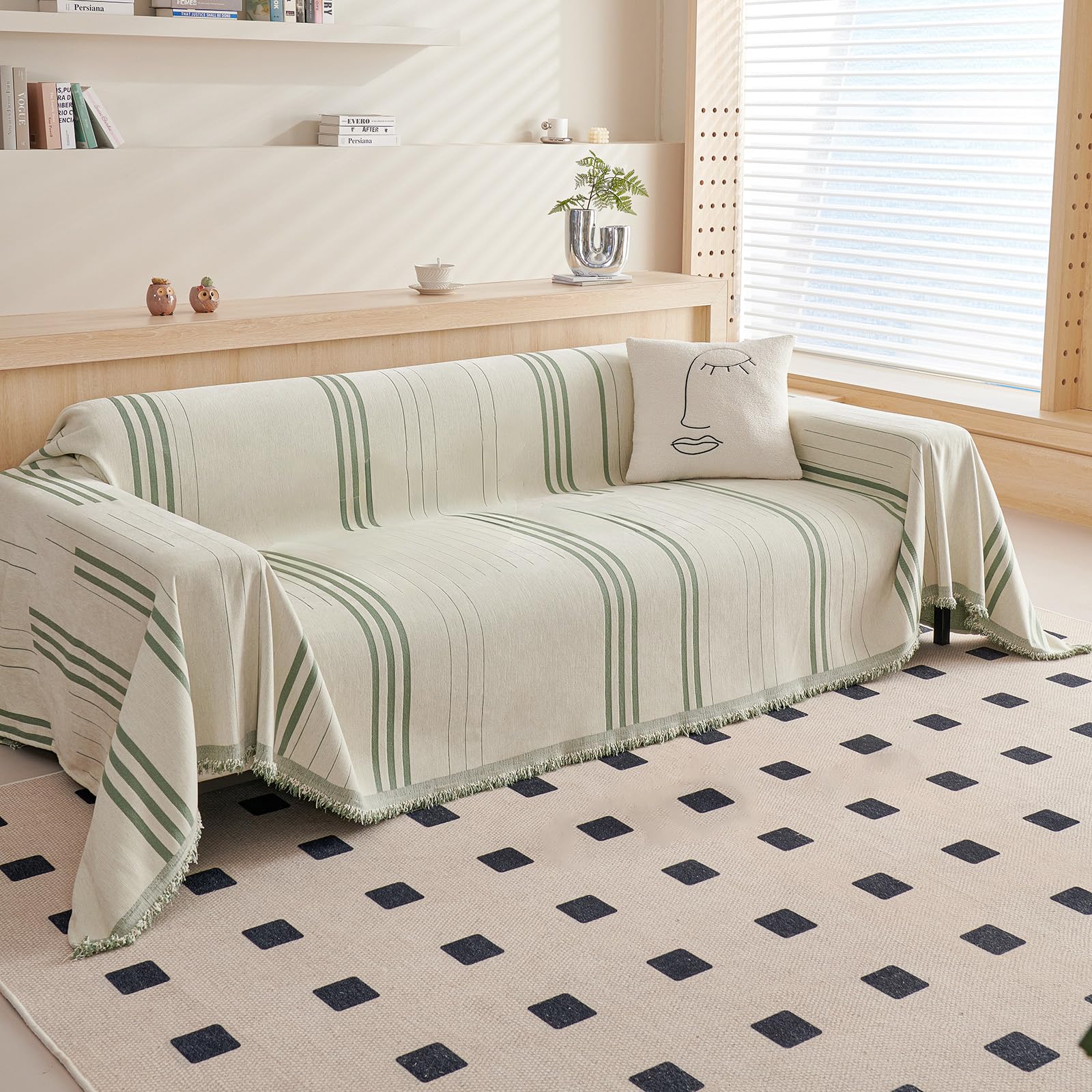 DREAMINGO Couch Cover Washable Chenille Sofa Protector for Pet Kids Beige Green Loveseat Couch Covers for 2 Cushion Couch Stripe Jacquard Versatile Sofa Throw Slipcover for Futon Couch, 71"x102" — image 1