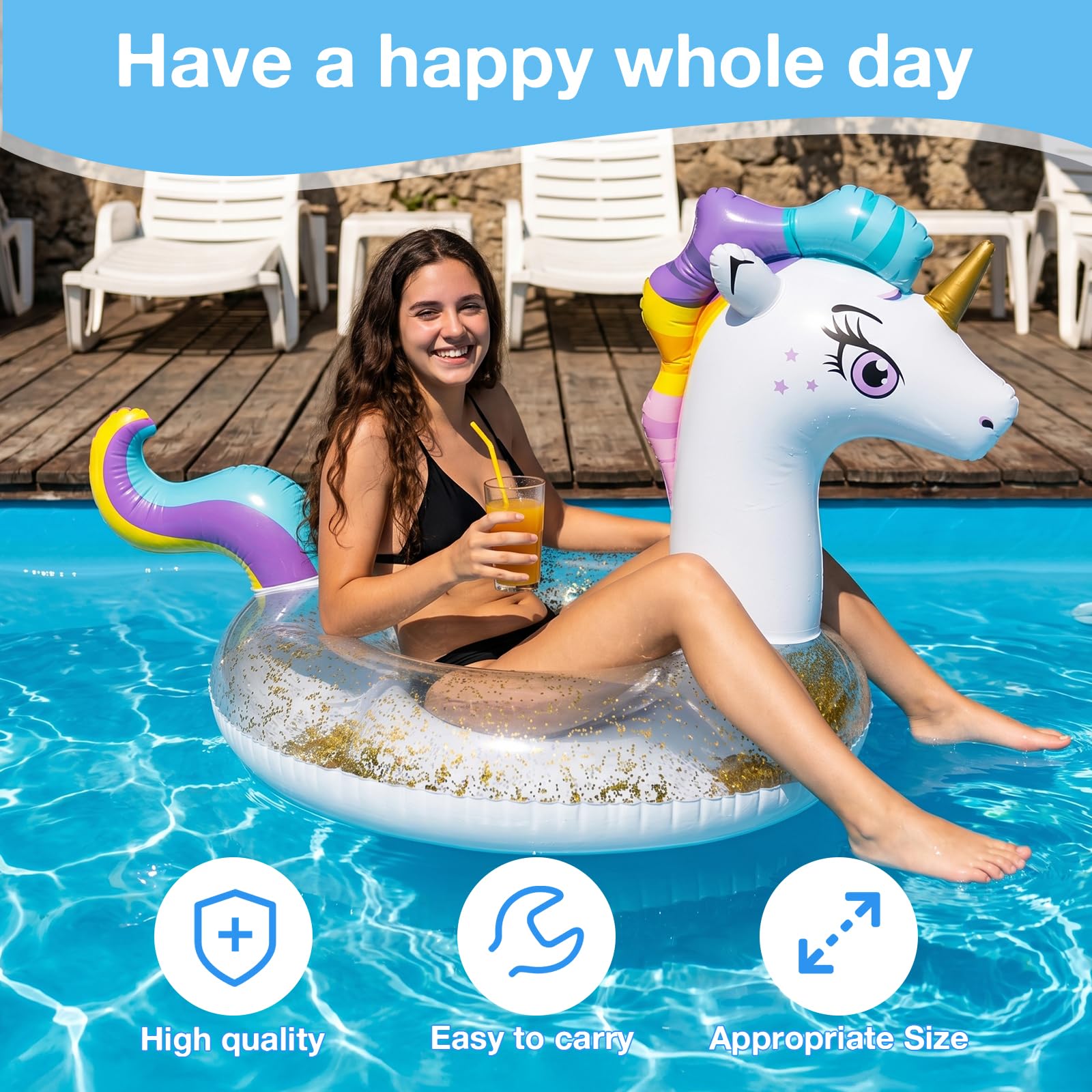 Flotador Unicornio Hinchable Gigante Con Lentejuelas – Anillo De Natación De PVC Reforzado De 130 Cm – Soporta Hasta 100 Kg – Ideal Para Piscina, Playa Y Fiestas De Verano