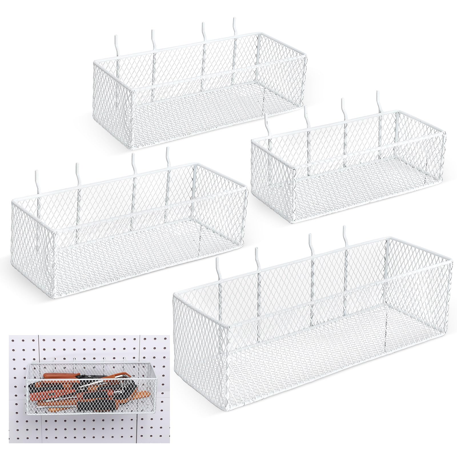 Norme 4 Pack Pegboard Baskets Set 4 Size Metal Pegboard Wall Organizer Square Style Wire Pegboard Bins Wall Mount Peg Board Tool Organization for Workbench Accessories Garage Storage (White)