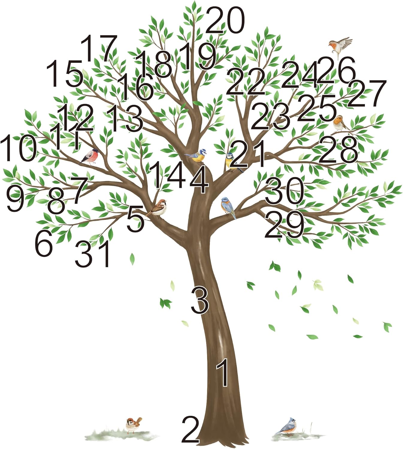 wondever Large Tree Wall Stickers Green Leaves Birds Peel and Stick Wall Decals for Living Room Bedroom TV Wall (H: 63inches)