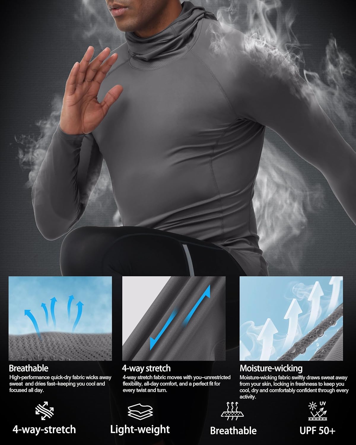 Men's Compression Shirt Hoodie with Mask, Long Sleeve Athletic Base Layer Top, Cool Dry Workout Sports Undershirt - Image 5