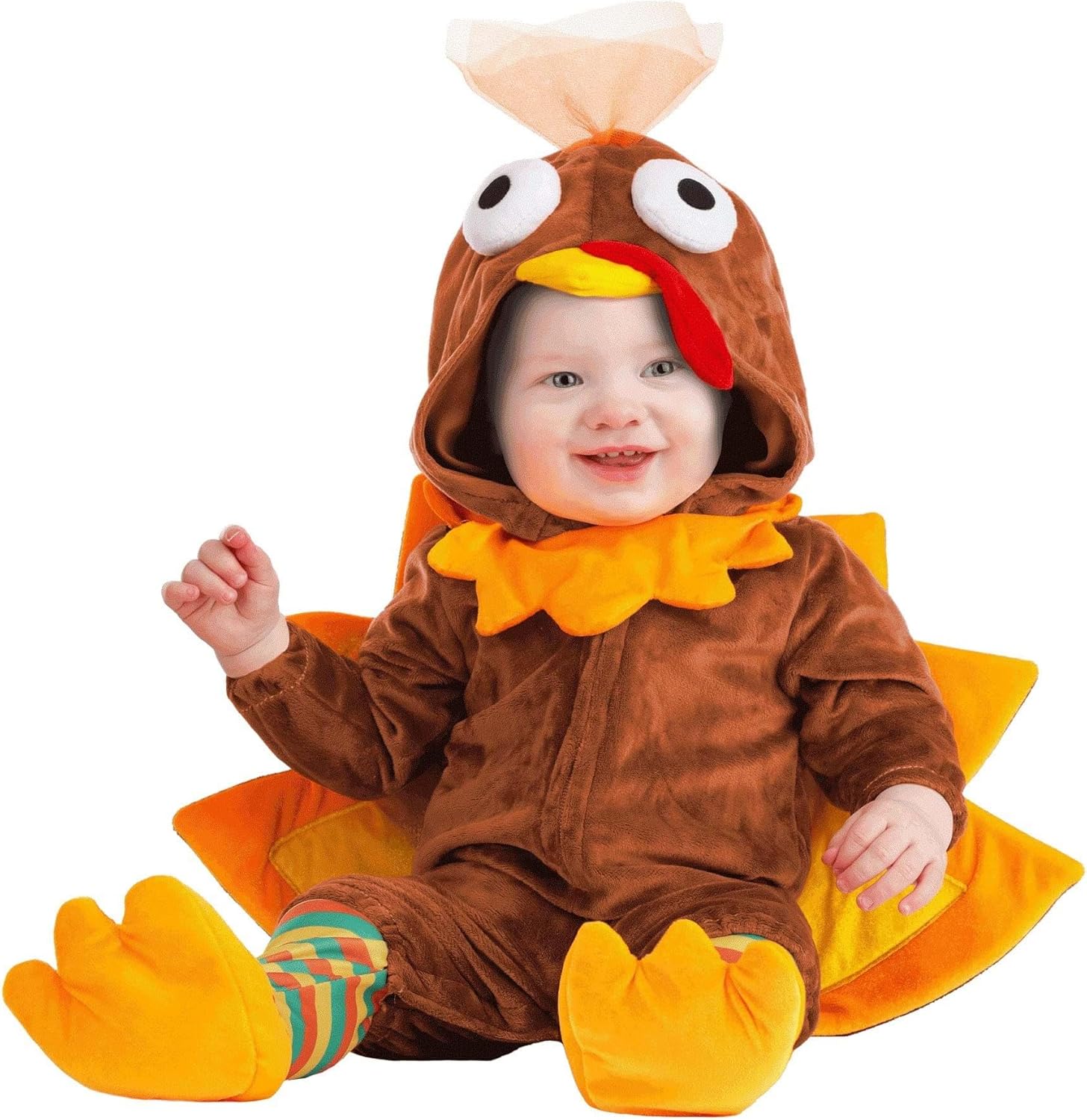 Infant Little Turkey Costume | Baby Bird Hooded Jumpsuit and Leggings with Attached Shoe Covers for Fall Photos
