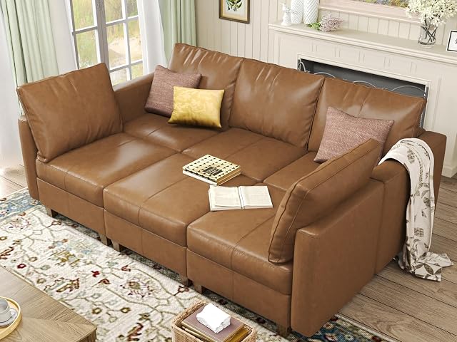EASE MOOSE Faux Leather Modular Sleeper Couch Sectional Sofa Bed with Storage Convertible Faux Leather Sectional Sofa Brown