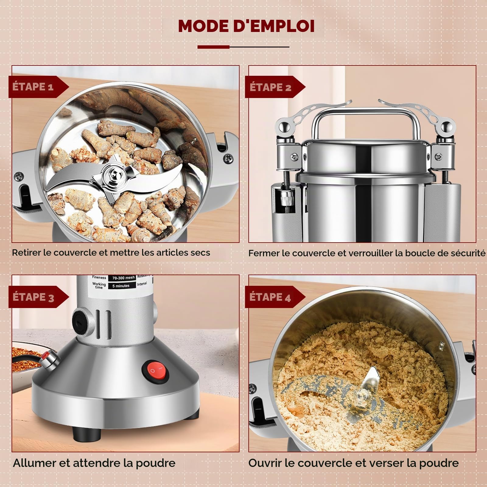 Moulin Céréales Grains électrique 150g,Broyeurs à Grains Haute Vitesse 220 V, Herb Moulin à Farine électrique mit 3 Lames, pour Herbes/Épices/Noix/Céréales Maison