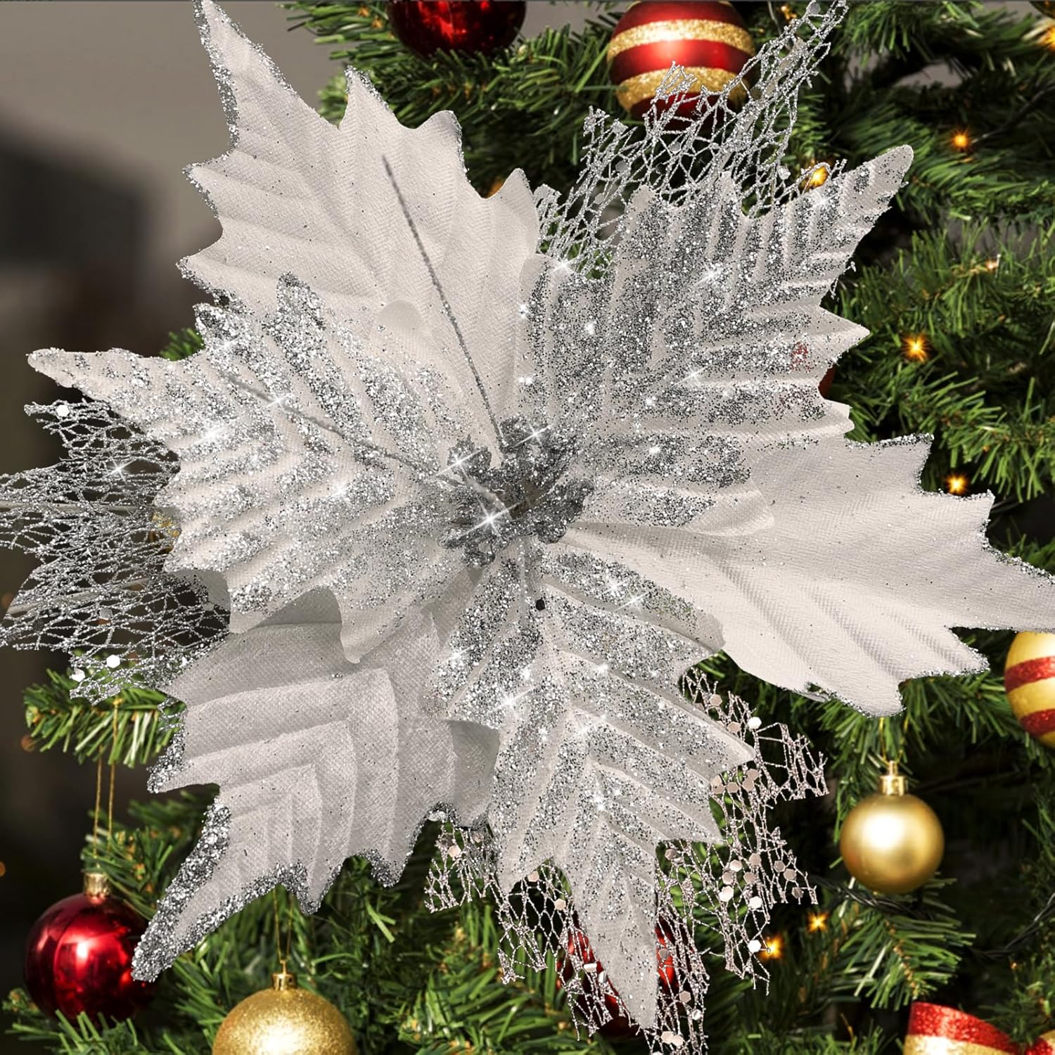 10'' Large Christmas Glitter Poinsettia Flowers Decorations, stadeco 10 Pcs Christmas Tree Picks Ornaments Artificial Flowers with Long Stems for Xmas Tree Wreath Garland Wedding Party DIY Decor White