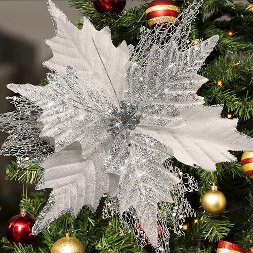 10'' Large Christmas Glitter Poinsettia Flowers Decorations, stadeco 10 Pcs