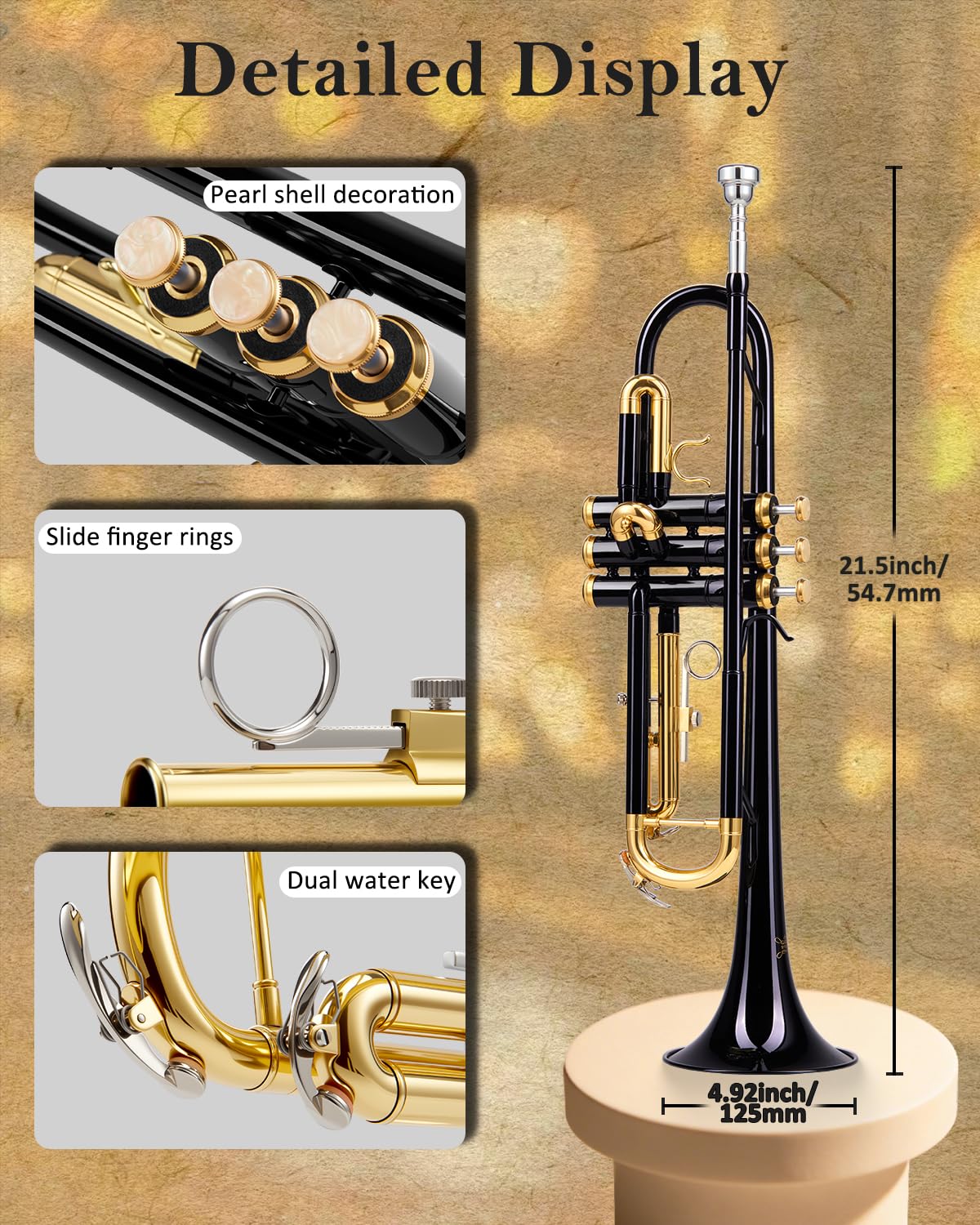 STRICH Set di tromba standard in Sib per principianti, tromba per studenti in ottone con custodia rigida, kit di pulizia, bocchini 7C e 3C, guanti, STR-130B Nero e dorato