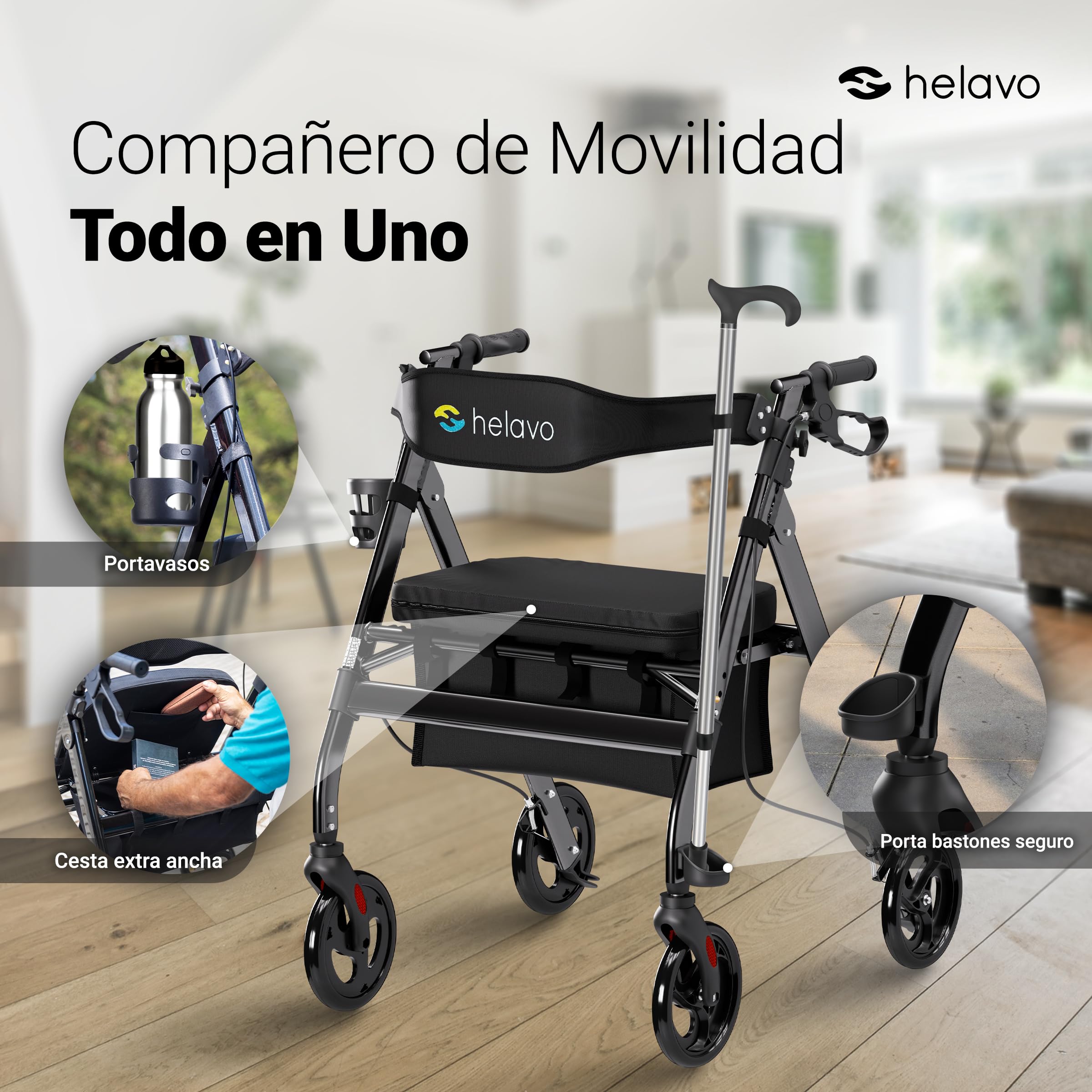 HELAVO andador para ancianos extra ancho con asiento grande y regulable en altura - Rollator plegable de gran resistencia fabricado en aluminio - Capacidad de carga de hasta 226 kg