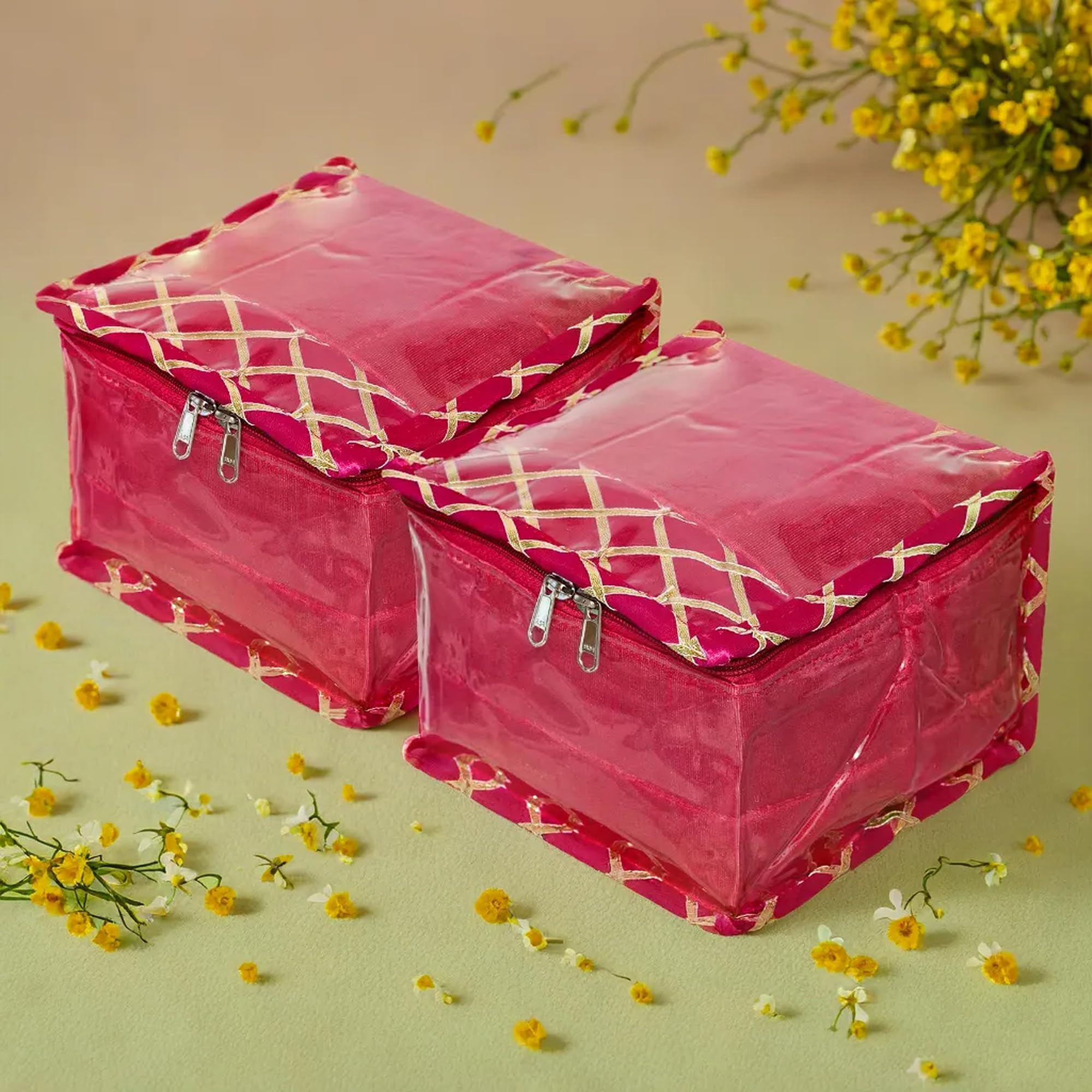 Kuber Industries Makeup Storage Bag | Locker Makeup Kit | Cosmetic Kit for Travel | 10 Detachable Pouch | Gota Check Jewellery Organizer | Small | Pack of 2 | Pink