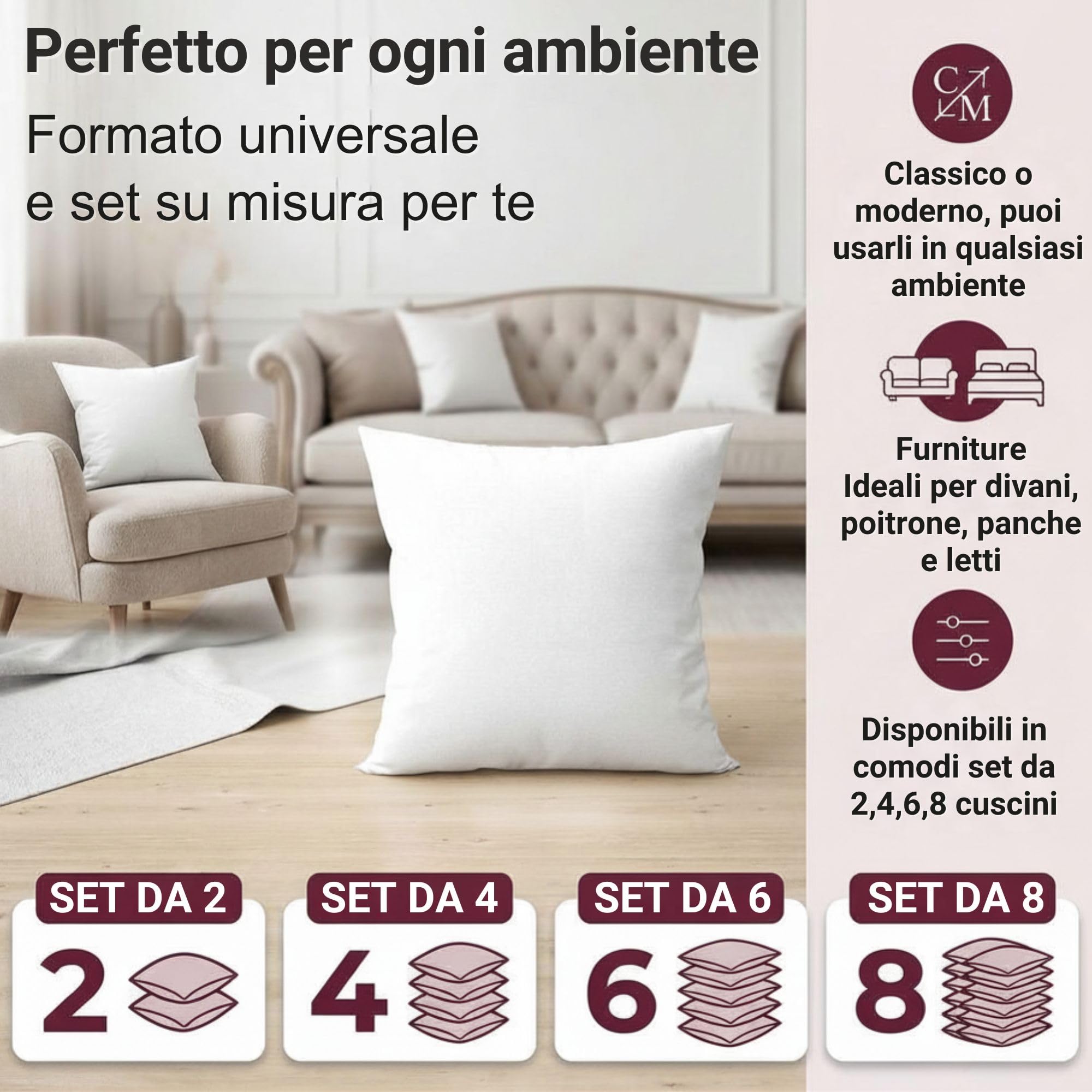 cuscini fiber Set 8 imbottiture Cuscini bianchi 45 x 45 cm morbida made in Italy divano letto