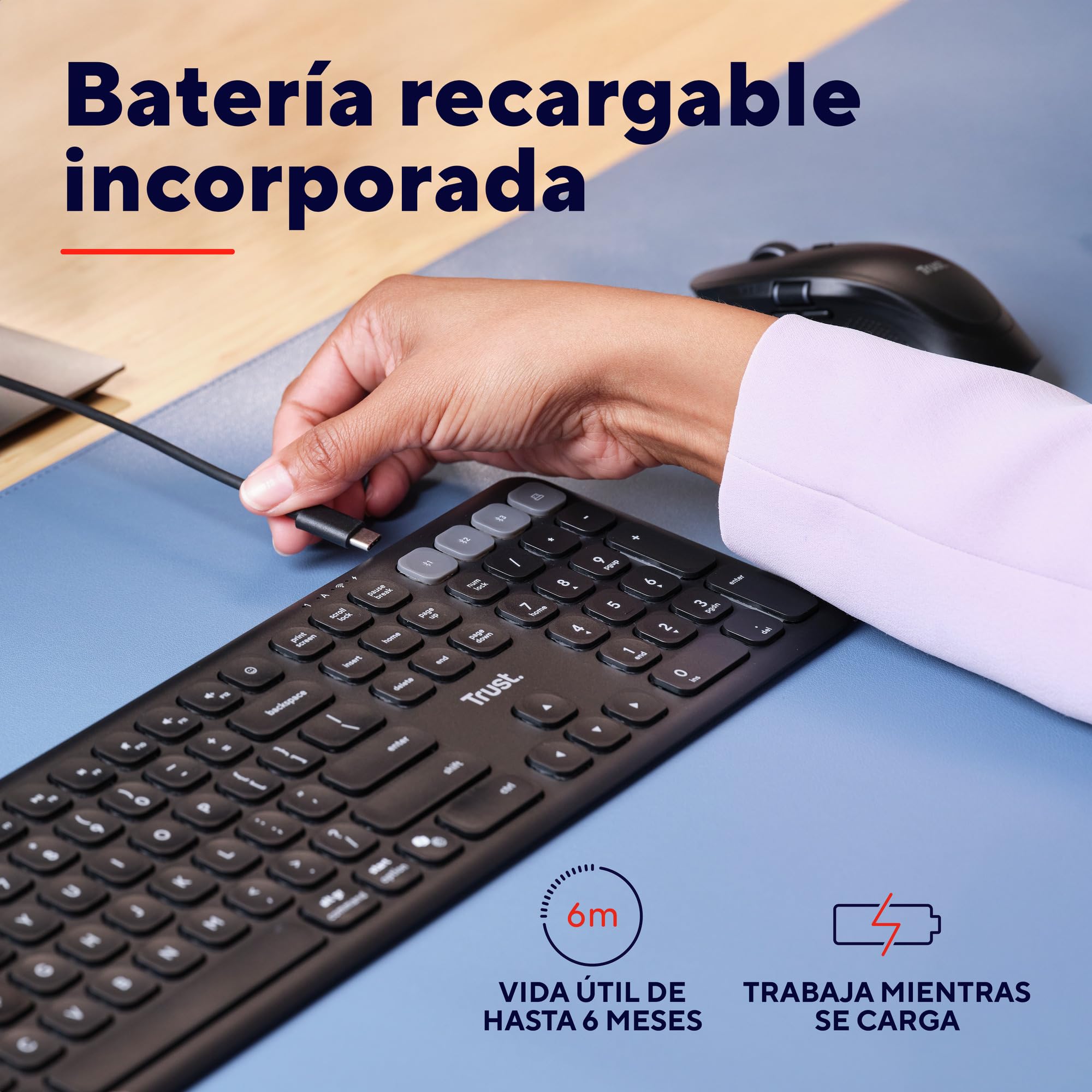 Trust Vaiya Teclado Inalámbrico Bluetooth + 2.4 GHz QWERTY Español, Teclado Bluetooth Multidispositivo Recargable con Numpad, 55% Plástico Reciclado, Windows iOS iPadOS macOS Android, Negro