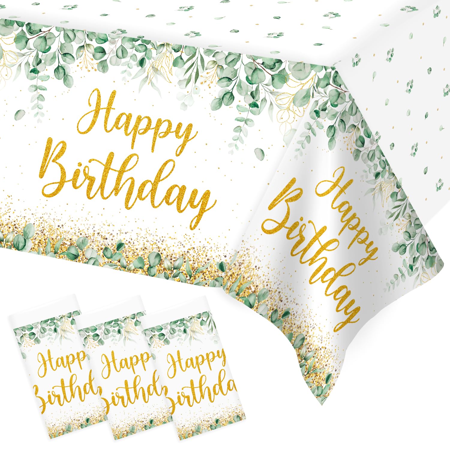 Lopeastar 3Pcs Neutral Sage Green Birthday Decorations Tablecloths, Glitter Gold Happy Birthday Table Cover, 54 x 108 Inch Large Rectangular Birthday Party Decorations for Boys Girls Women Men