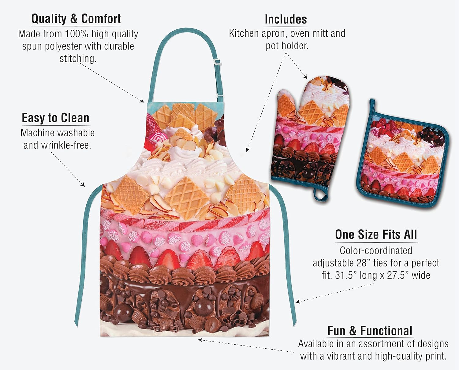 Springbok Icing on the Cake Adjustable Kitchen Apron, Oven Mitt and Pot Holder Set