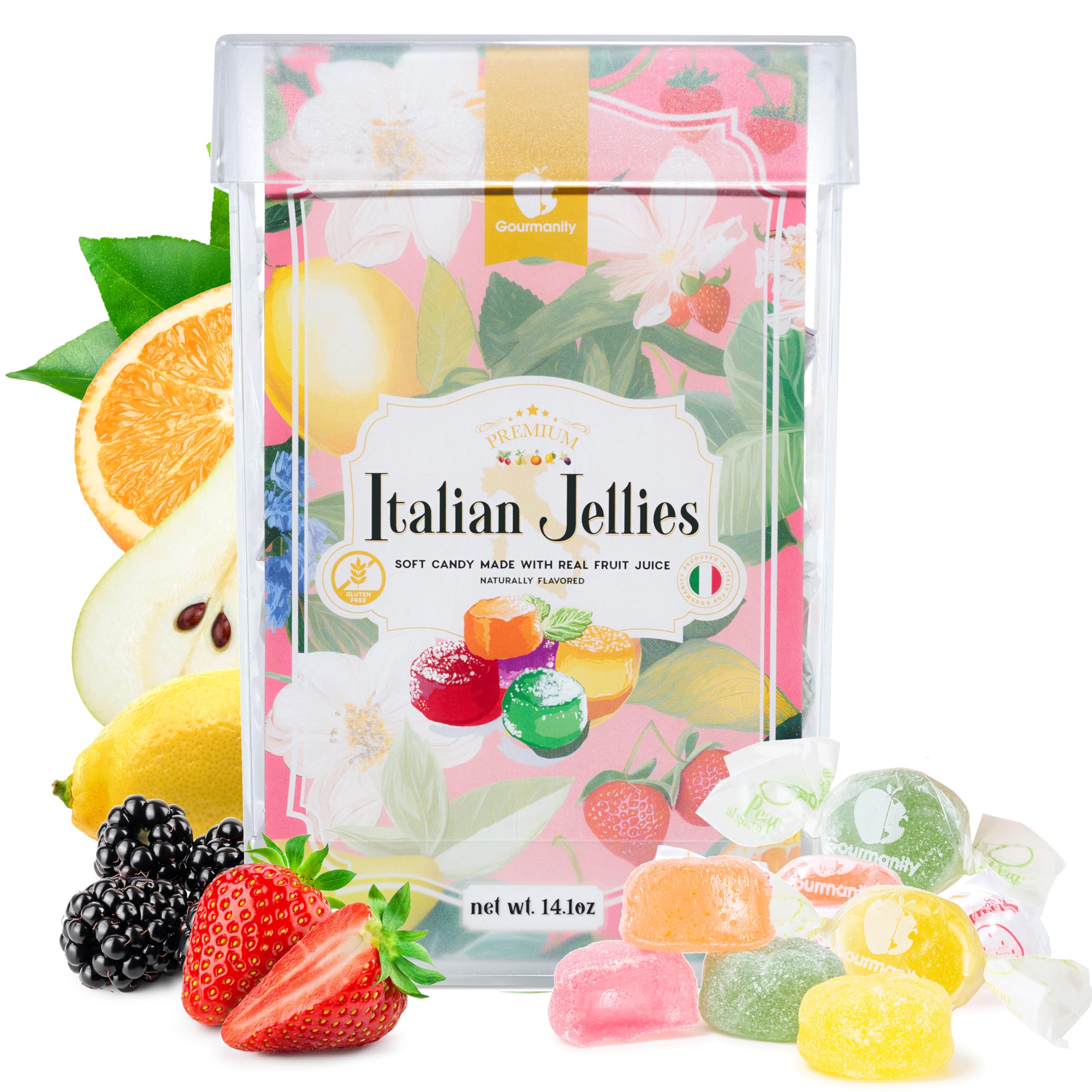 Gourmanity Italian Jelly Fruit Candy, Made with 18% Real Fruit Juice & Pulp, Individually Wrapped Gourmet Candy, 14.1oz Box