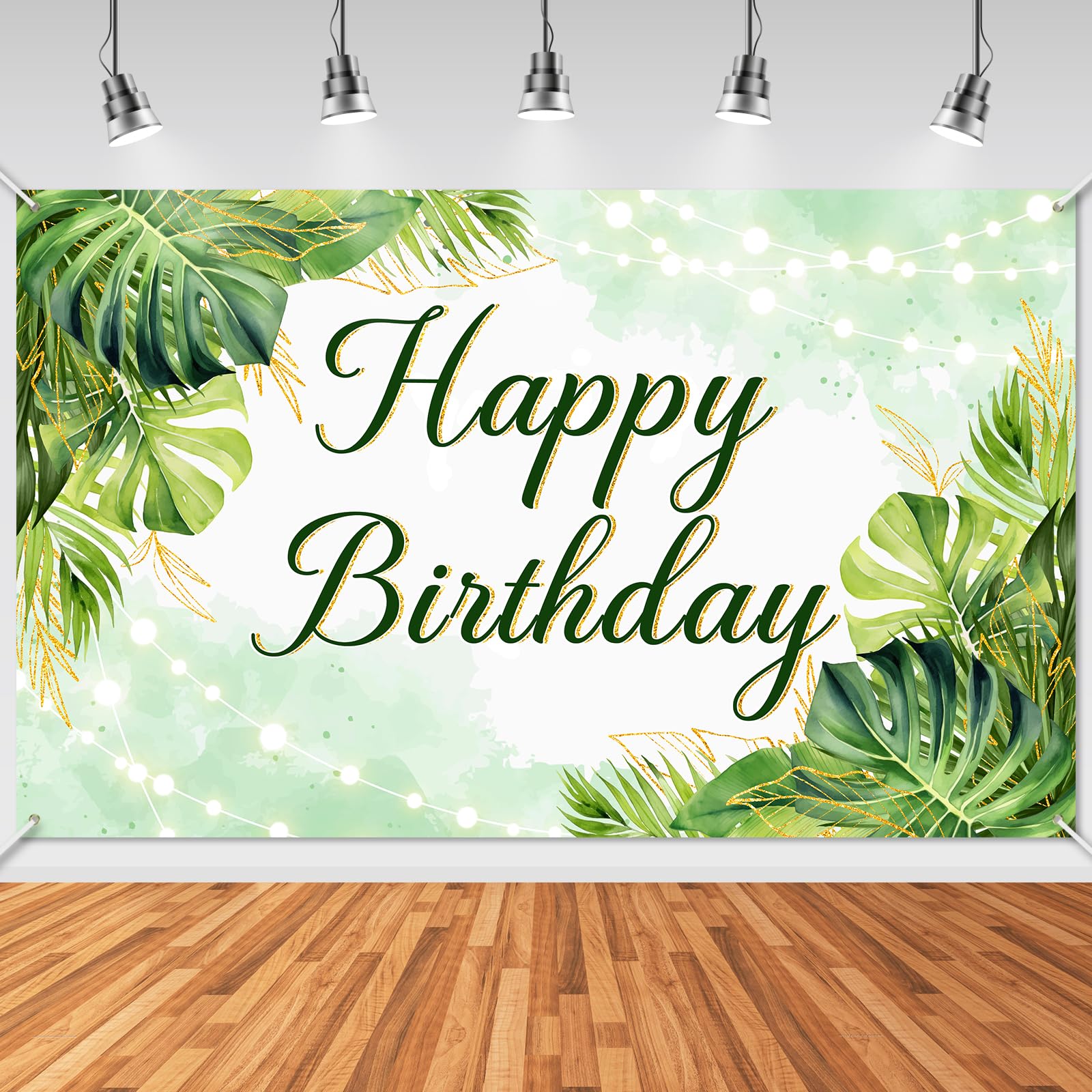 Avezano Green Tropical Palm Leaves Birthday Party Banner - Happy Birthday Backdrop Photoshoot Decorations for Tropical Party Supplies - 70.8 x 43.3