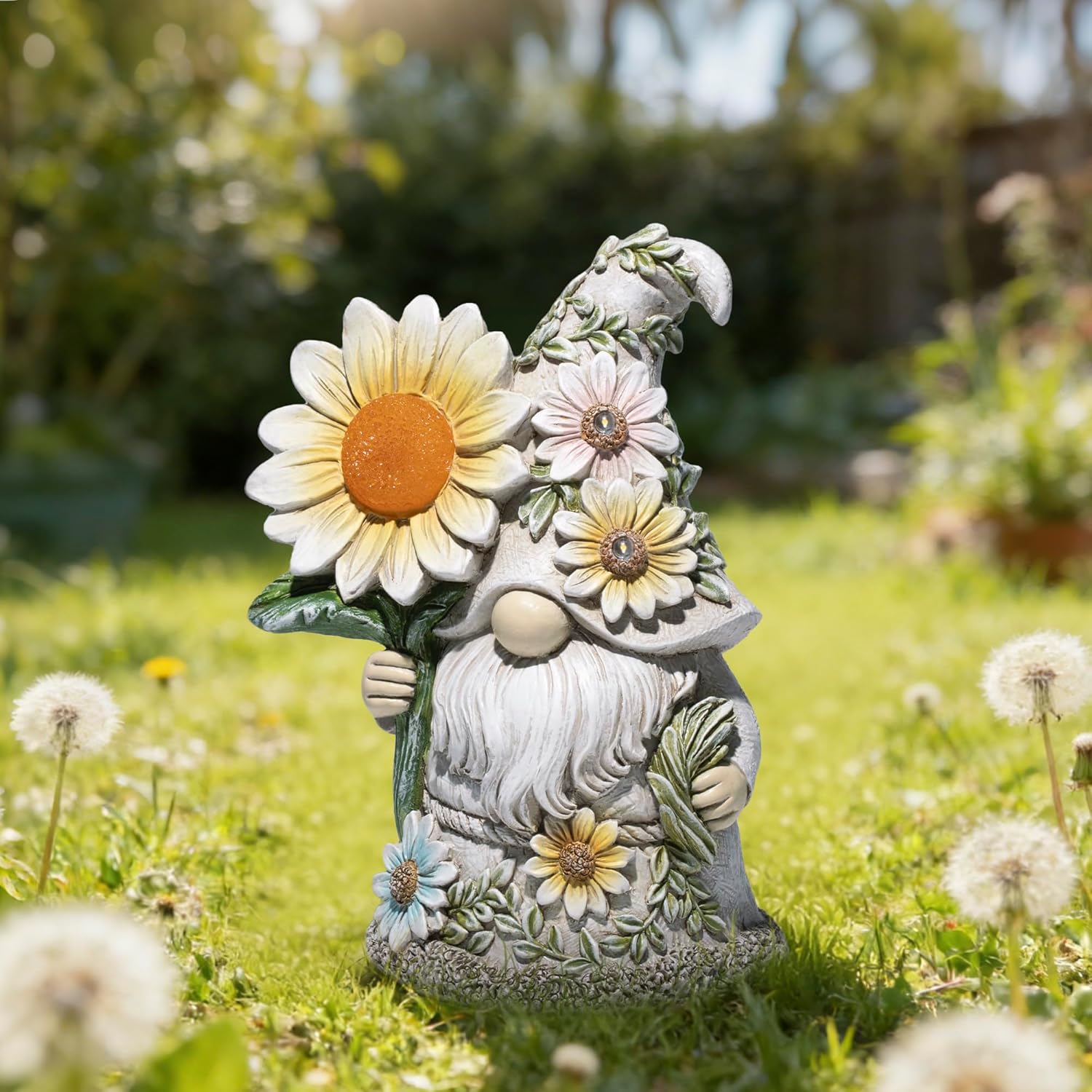 basen Solar Garden Gnome Statue with Glowing Daisy Flower, Outdoor Solar Gnome Figurine Decor for Yard Lawn Patio, Resin Garden Gnome Decoration with LED Light for Garden Landscape Ornament